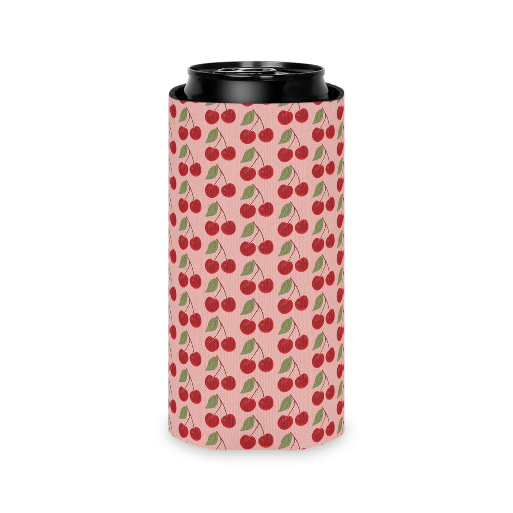 Cherry Pattern Can Cooler — Retro Pink Cherry Drink Koozie