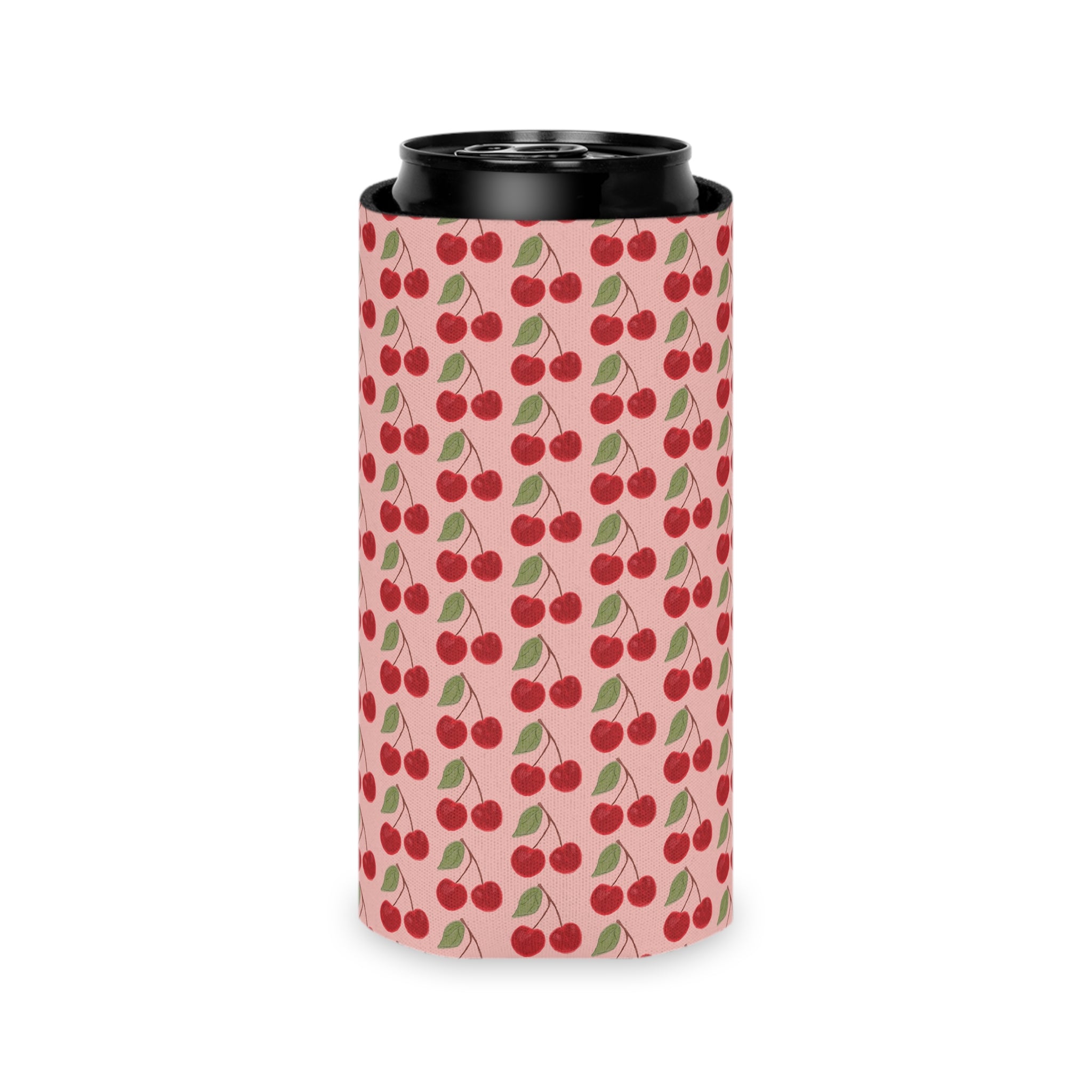 Cherry Pattern Can Cooler — Retro Pink Cherry Drink Koozie