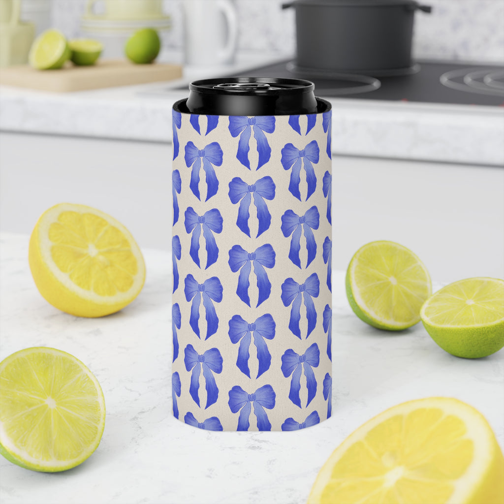 Can Cooler — Blue Watercolor Bow Pattern Drink Insulator