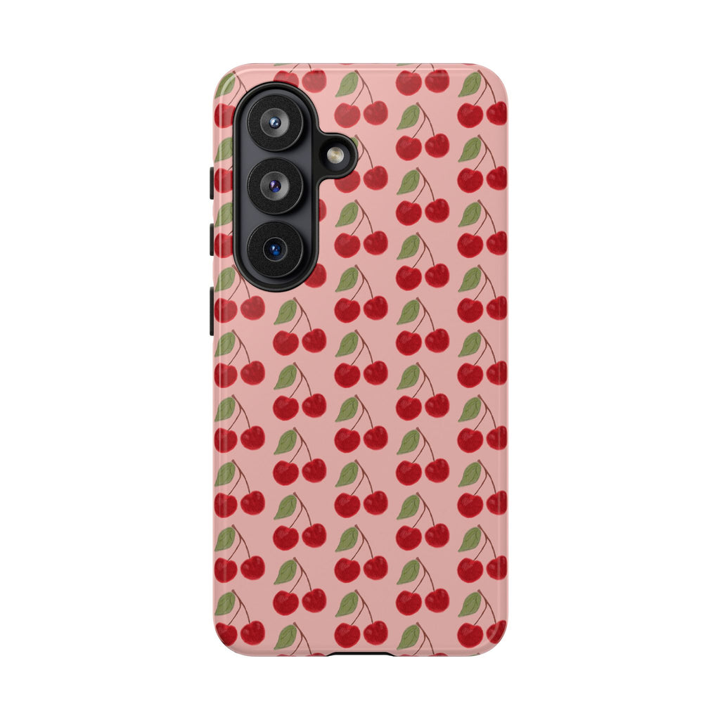 Cherry Pattern Tough Phone Case — Cute Pink Retro Fruit Protective Cover