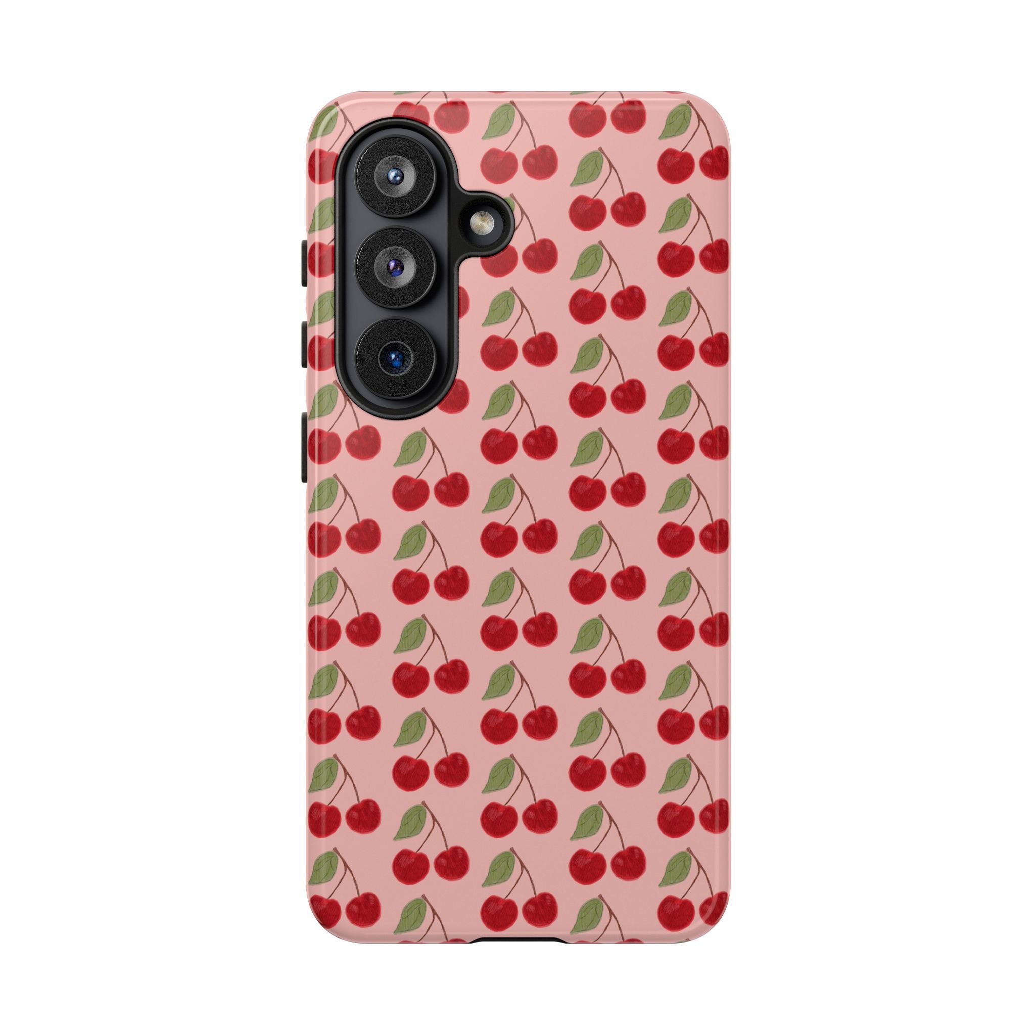 Cherry Pattern Tough Phone Case — Cute Pink Retro Fruit Protective Cover