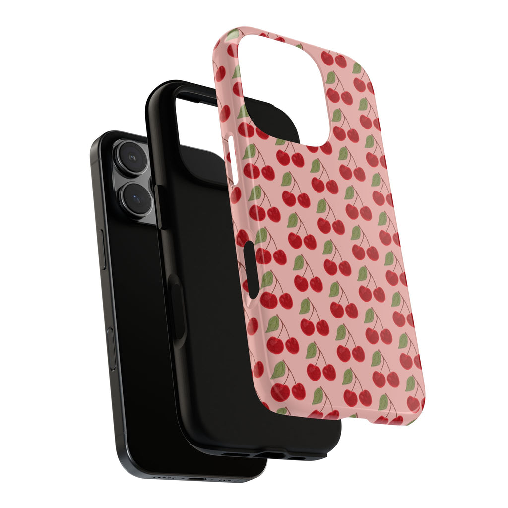 Cherry Pattern Tough Phone Case — Cute Pink Retro Fruit Protective Cover