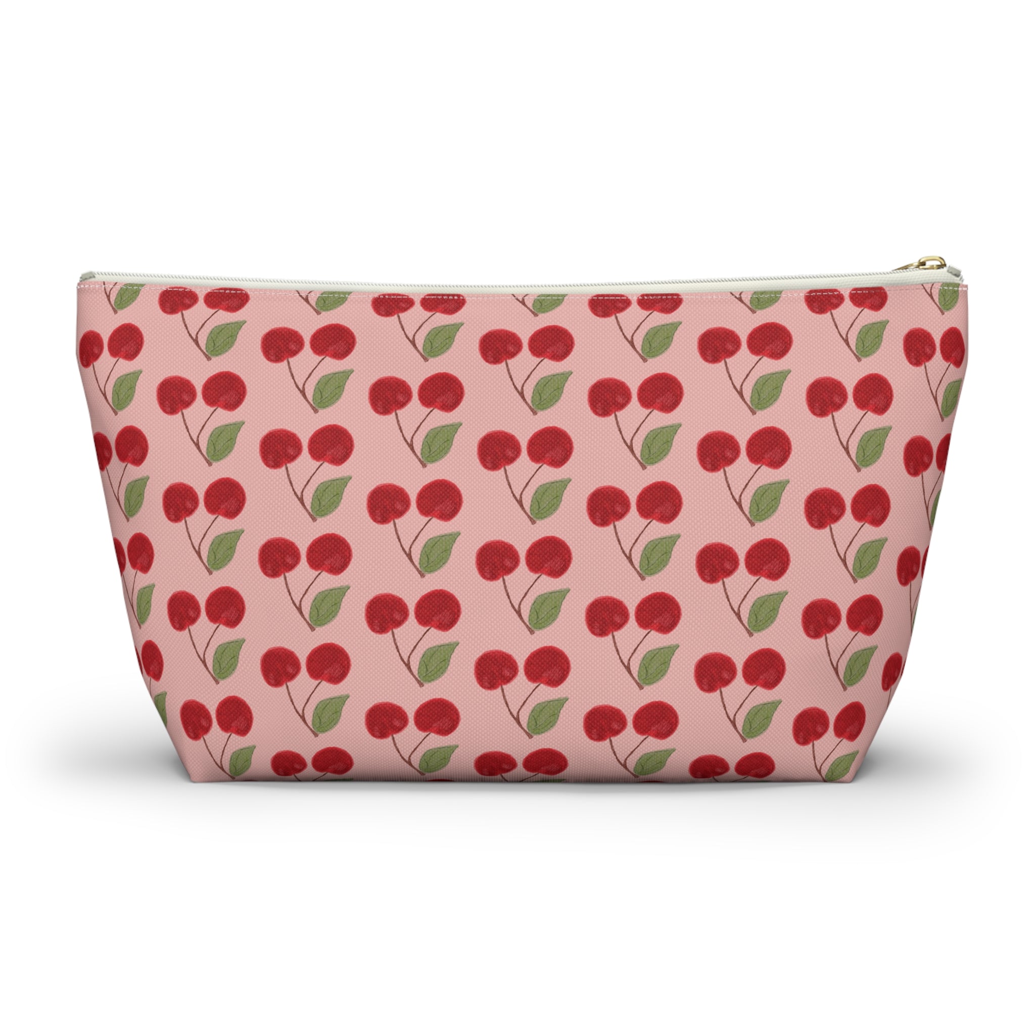Cherry Pattern Accessory Pouch — Pink Cosmetic Bag with T-Bottom