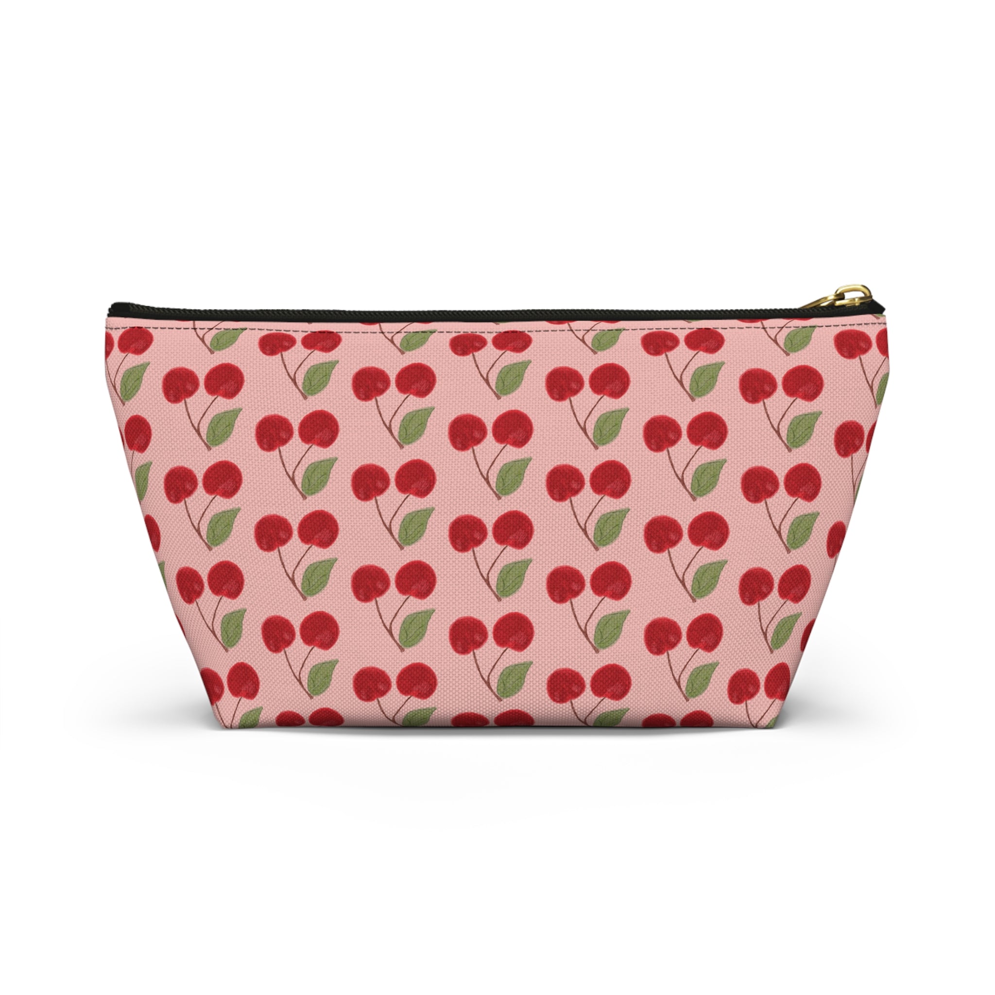 Cherry Pattern Accessory Pouch — Pink Cosmetic Bag with T-Bottom