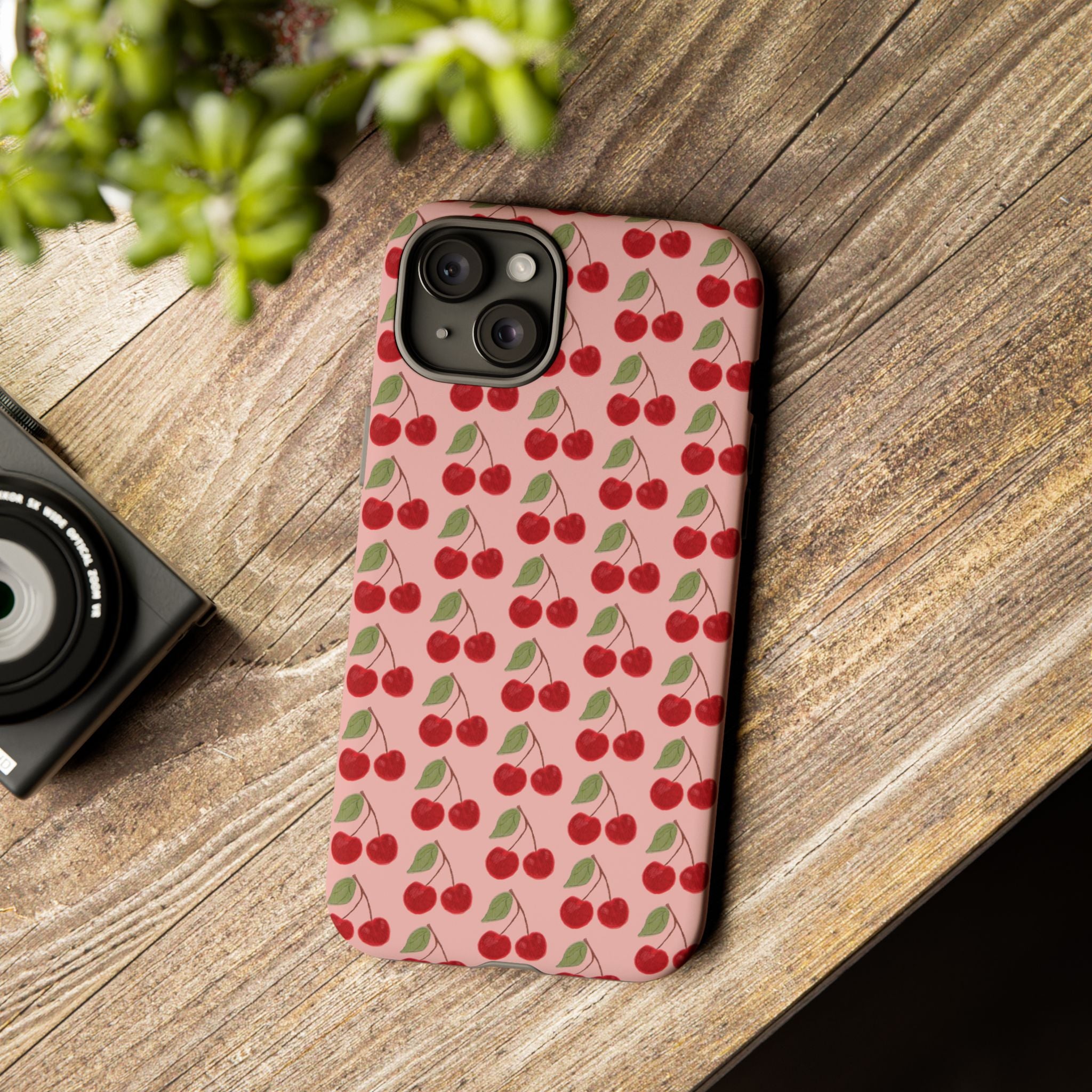 Cherry Pattern Tough Phone Case — Cute Pink Retro Fruit Protective Cover