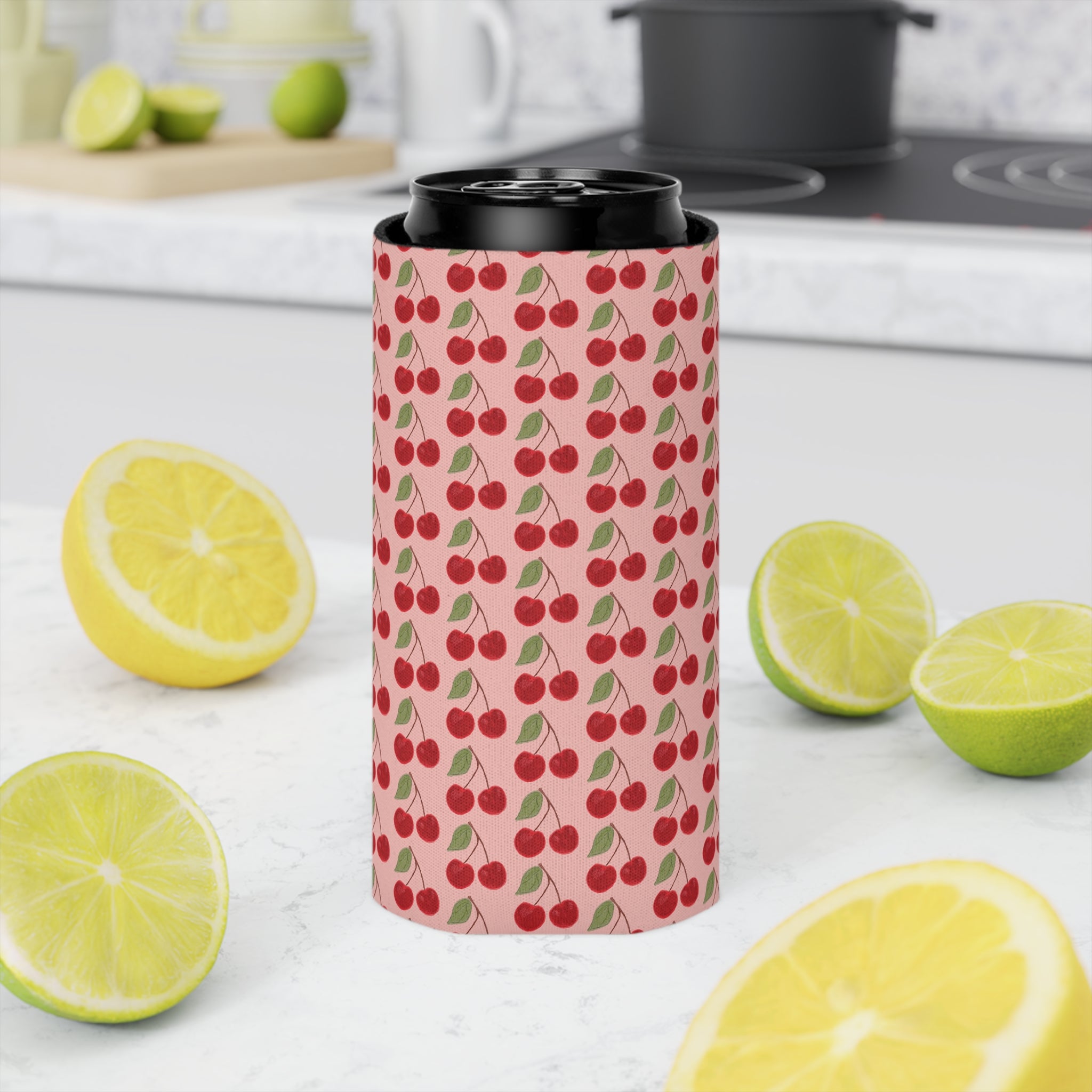 Cherry Pattern Can Cooler — Retro Pink Cherry Drink Koozie