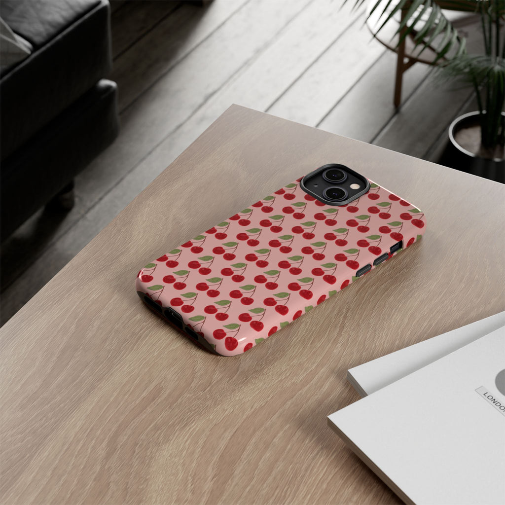 Cherry Pattern Tough Phone Case — Cute Pink Retro Fruit Protective Cover