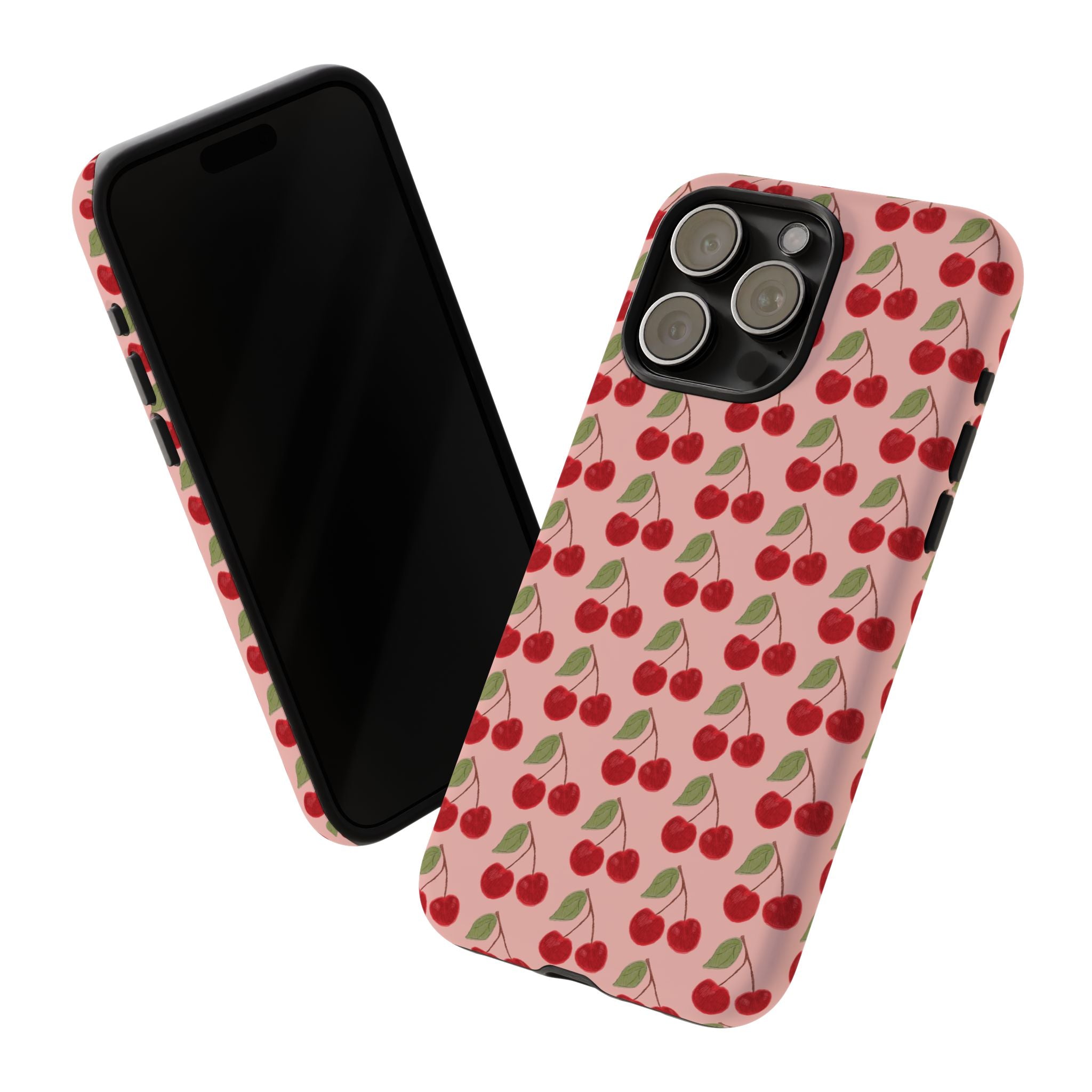 Cherry Pattern Tough Phone Case — Cute Pink Retro Fruit Protective Cover