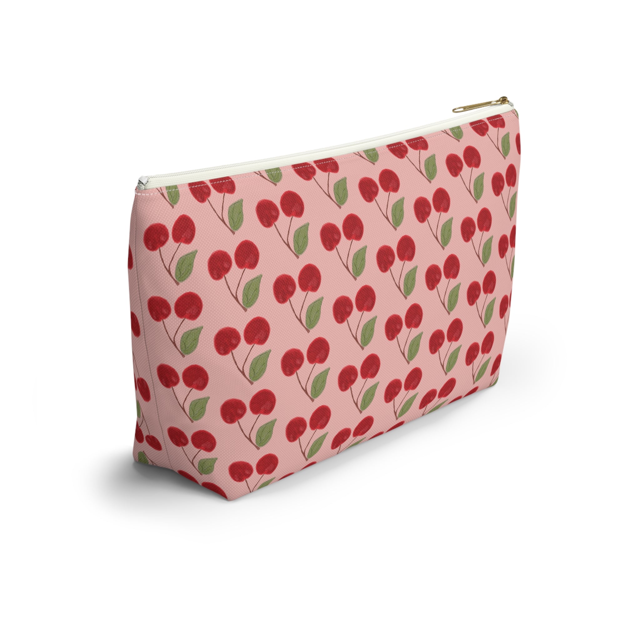 Cherry Pattern Accessory Pouch — Pink Cosmetic Bag with T-Bottom