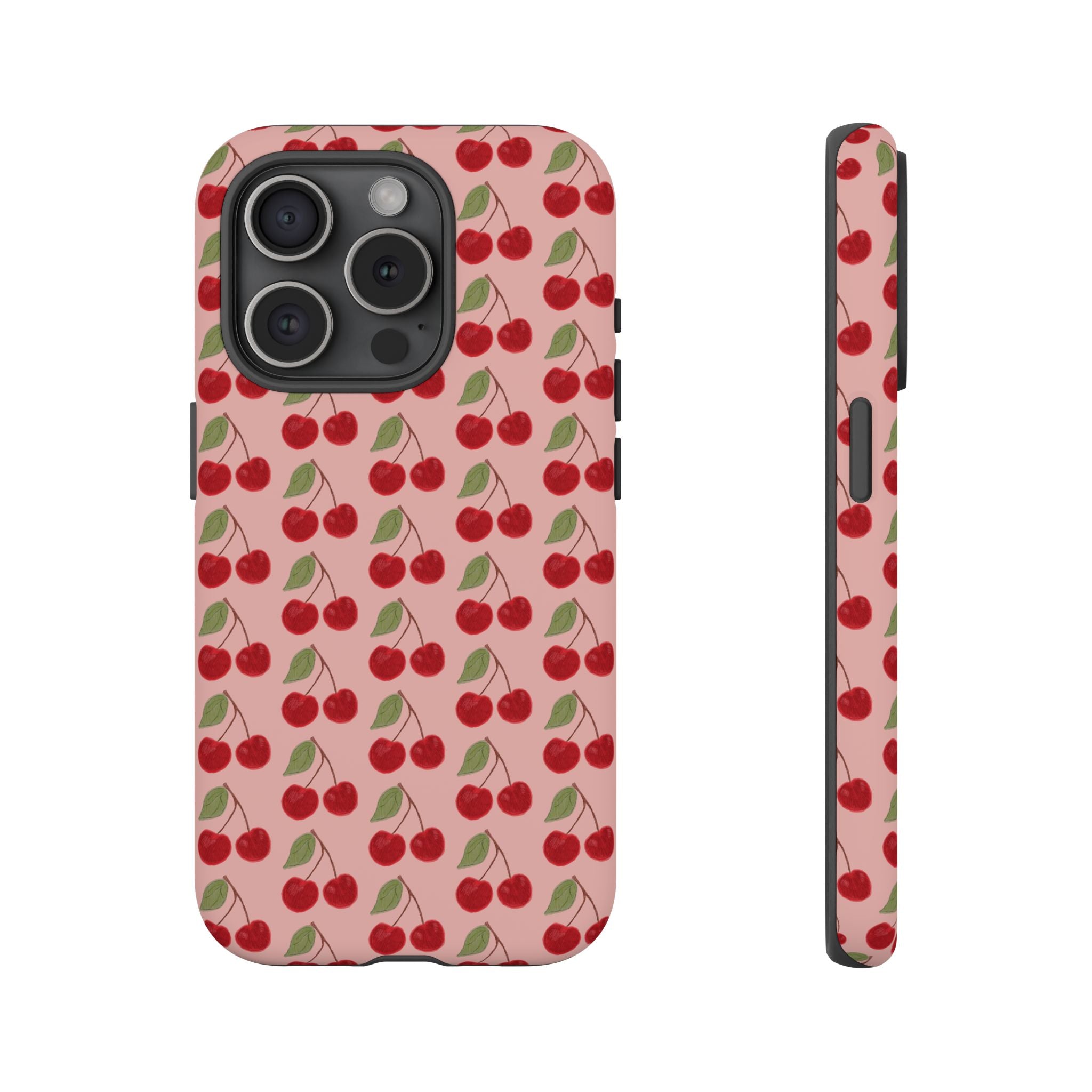 Cherry Pattern Tough Phone Case — Cute Pink Retro Fruit Protective Cover