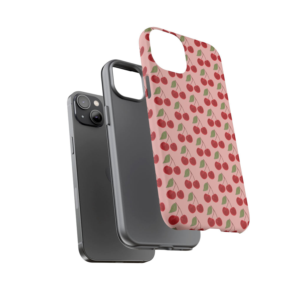 Cherry Pattern Tough Phone Case — Cute Pink Retro Fruit Protective Cover