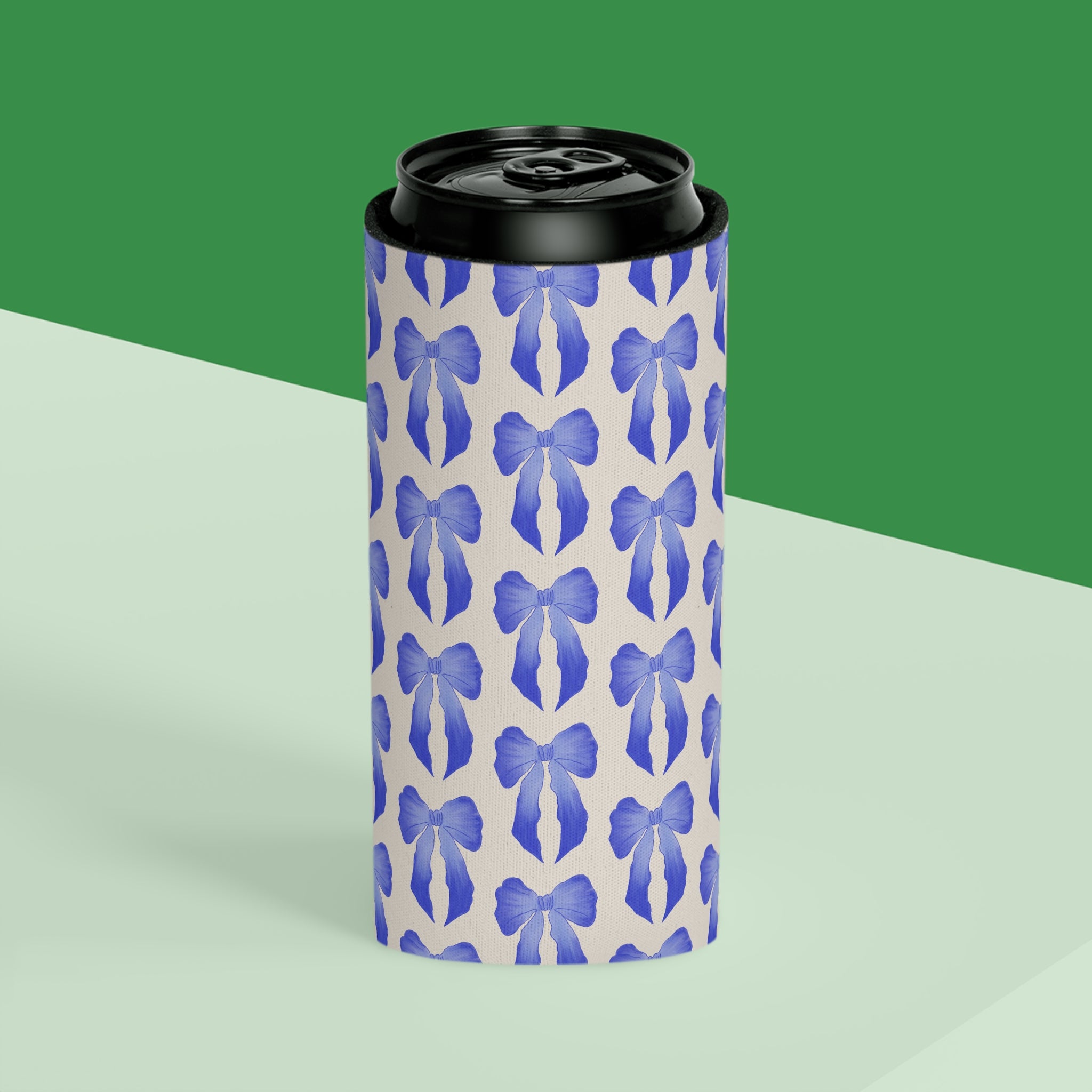Can Cooler — Blue Watercolor Bow Pattern Drink Insulator
