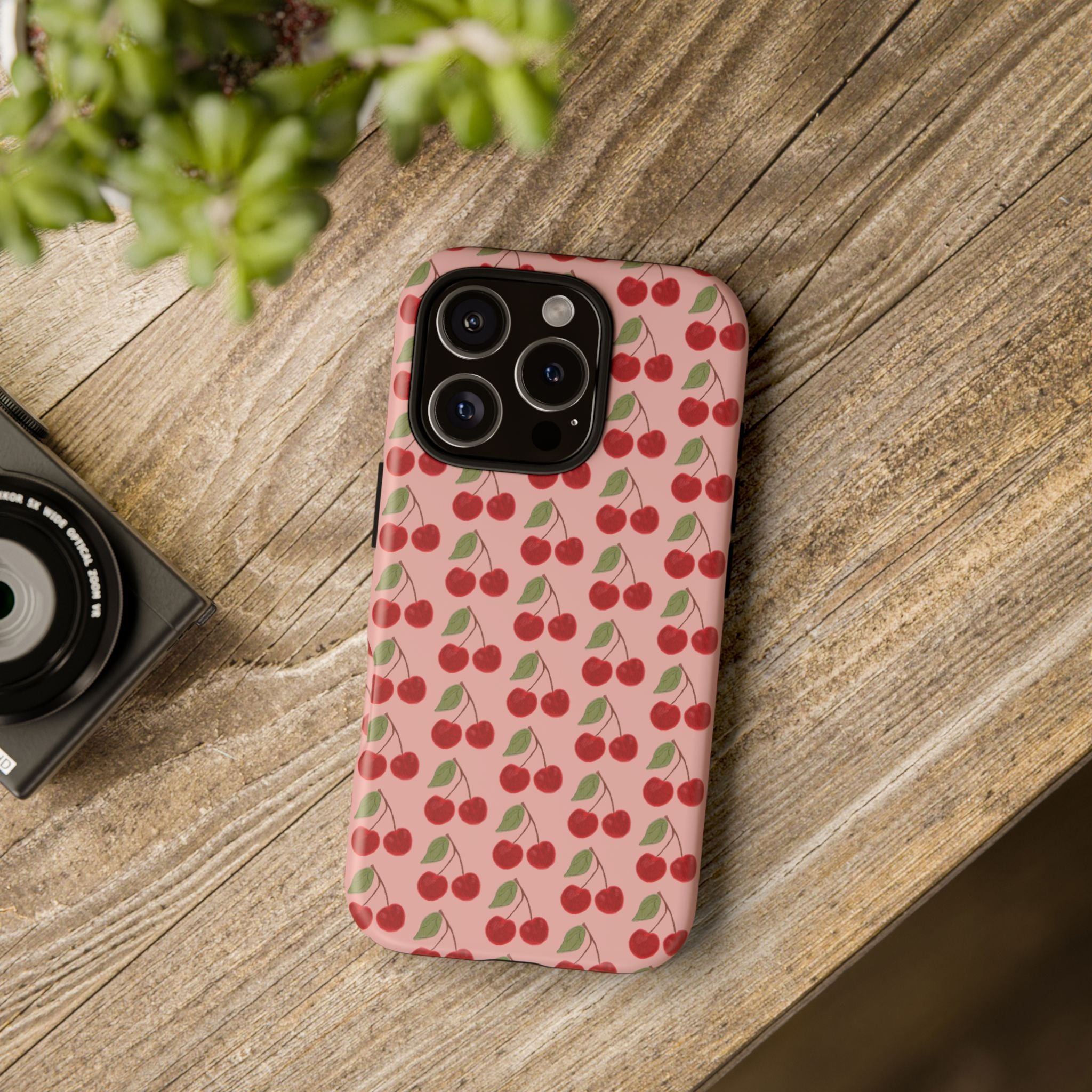 Cherry Pattern Tough Phone Case — Cute Pink Retro Fruit Protective Cover