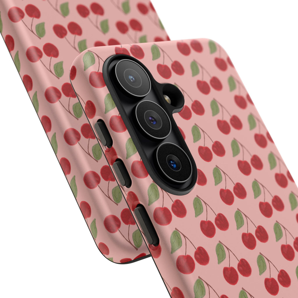 Cherry Pattern Tough Phone Case — Cute Pink Retro Fruit Protective Cover