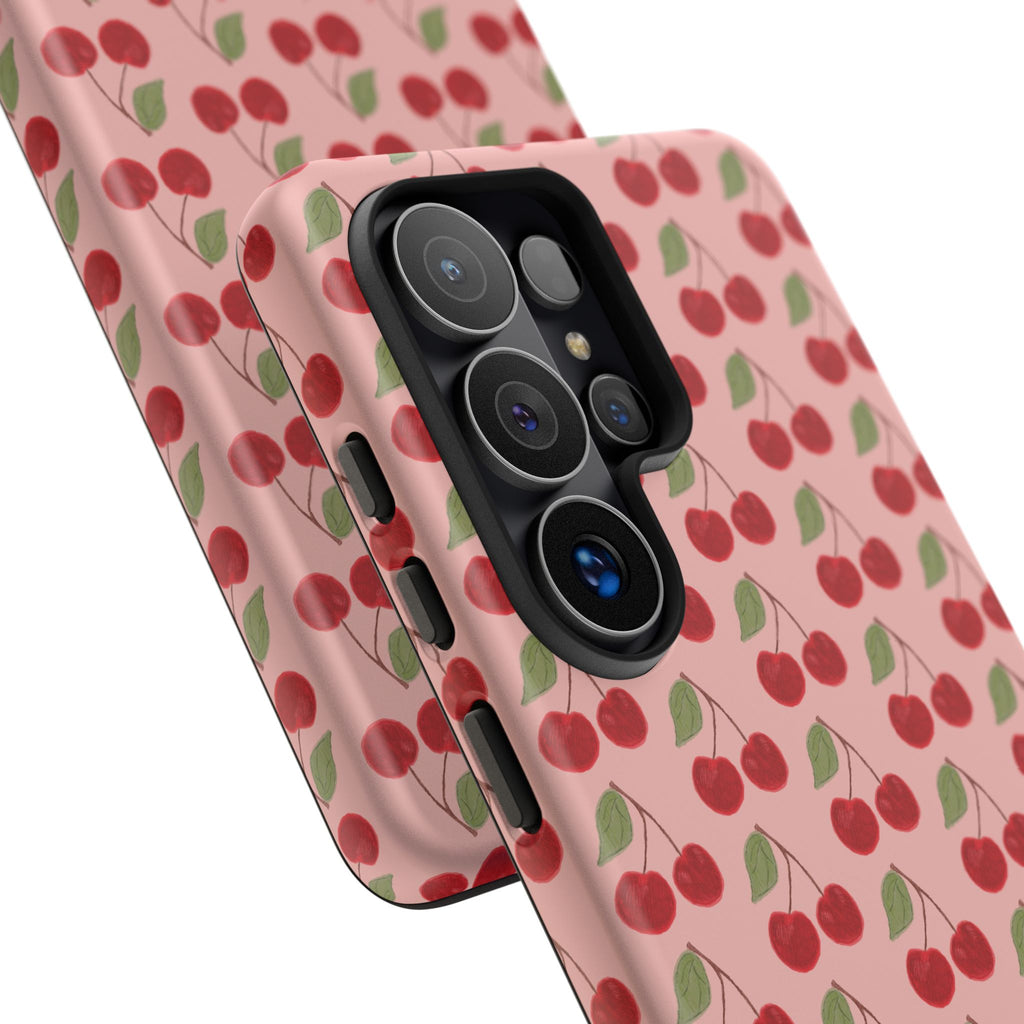 Cherry Pattern Tough Phone Case — Cute Pink Retro Fruit Protective Cover