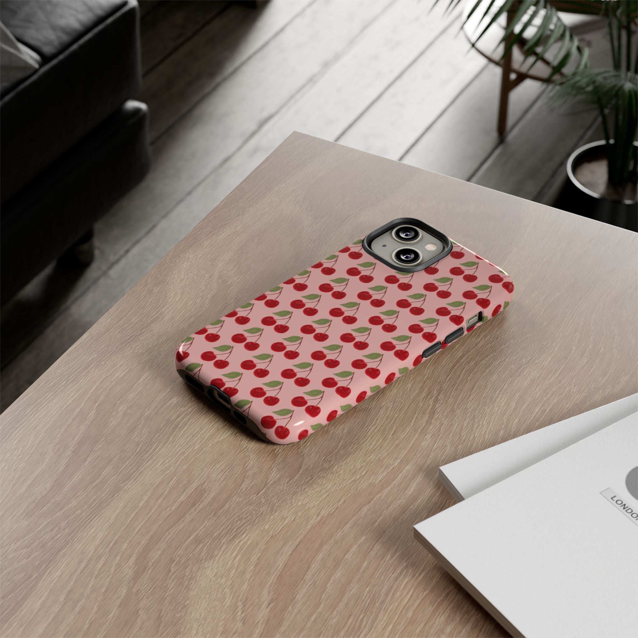 Cherry Pattern Tough Phone Case — Cute Pink Retro Fruit Protective Cover