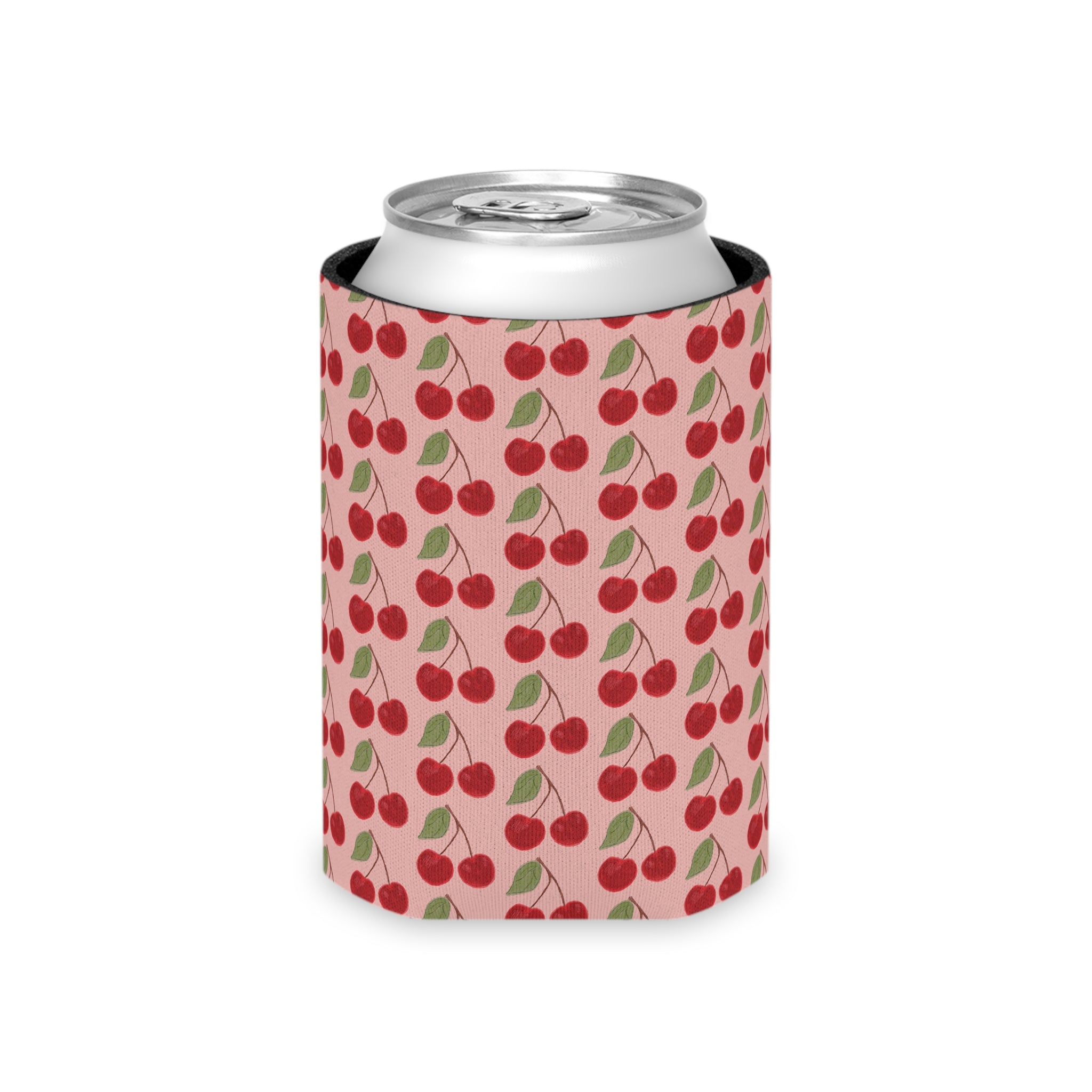 Cherry Pattern Can Cooler — Retro Pink Cherry Drink Koozie