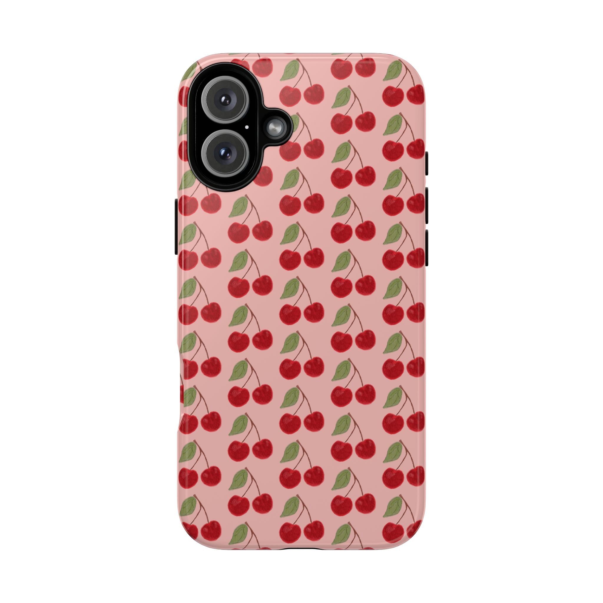 Cherry Pattern Tough Phone Case — Cute Pink Retro Fruit Protective Cover