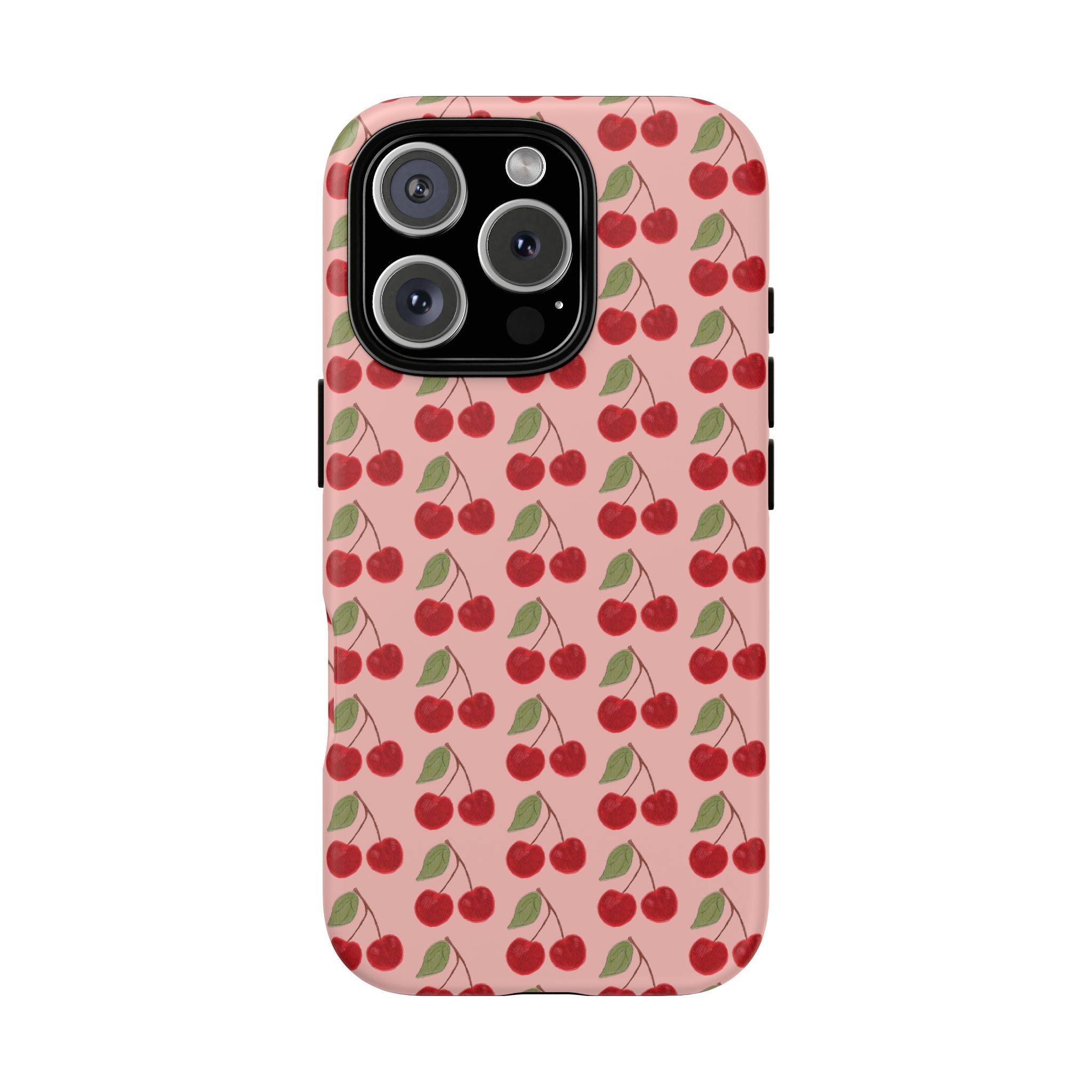 Cherry Pattern Tough Phone Case — Cute Pink Retro Fruit Protective Cover