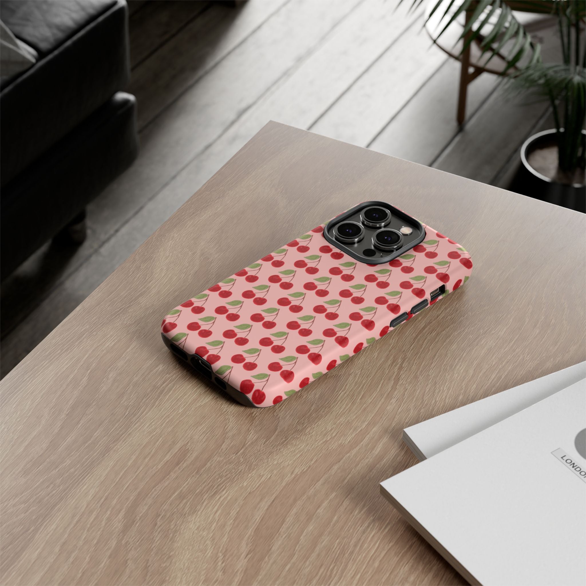 Cherry Pattern Tough Phone Case — Cute Pink Retro Fruit Protective Cover