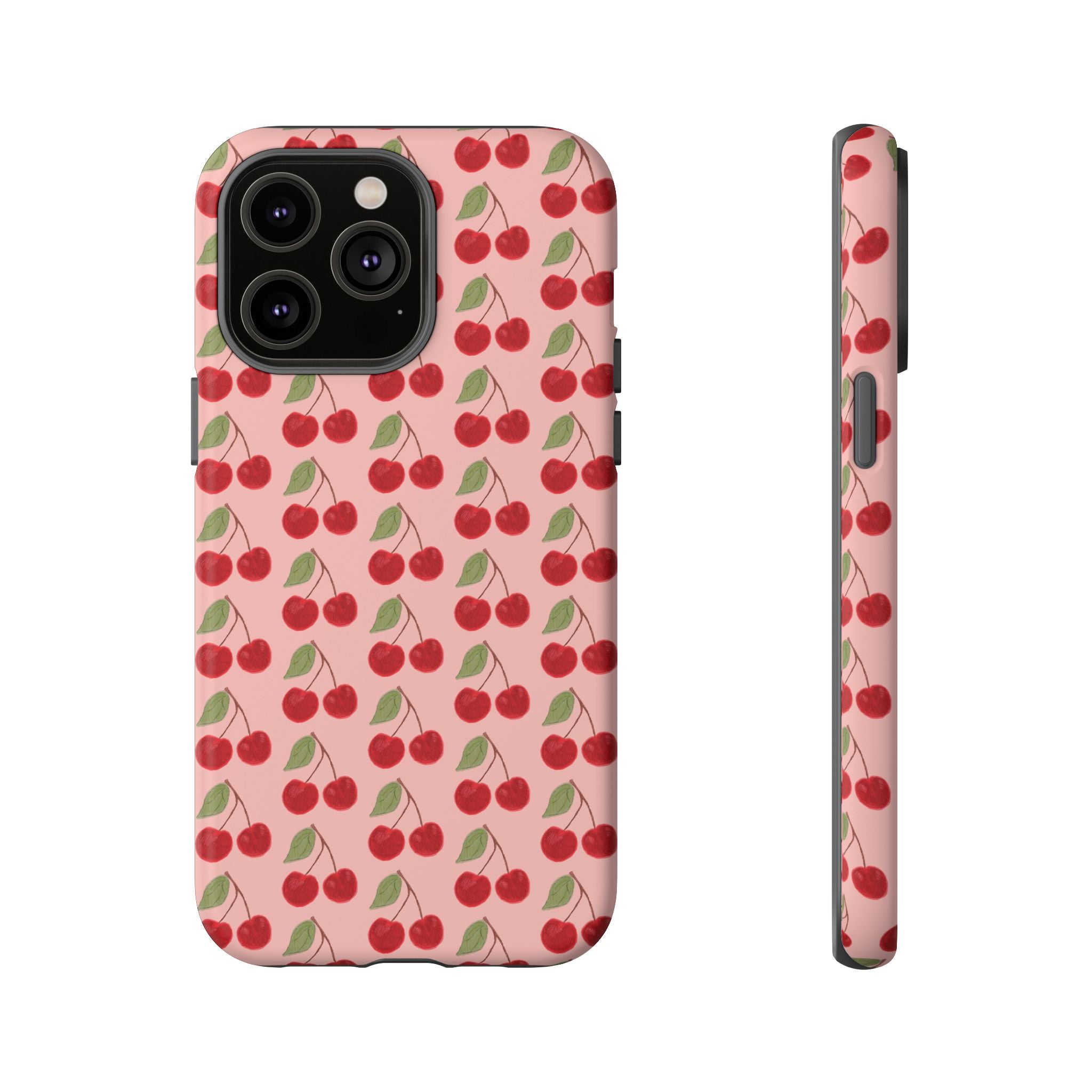 Cherry Pattern Tough Phone Case — Cute Pink Retro Fruit Protective Cover
