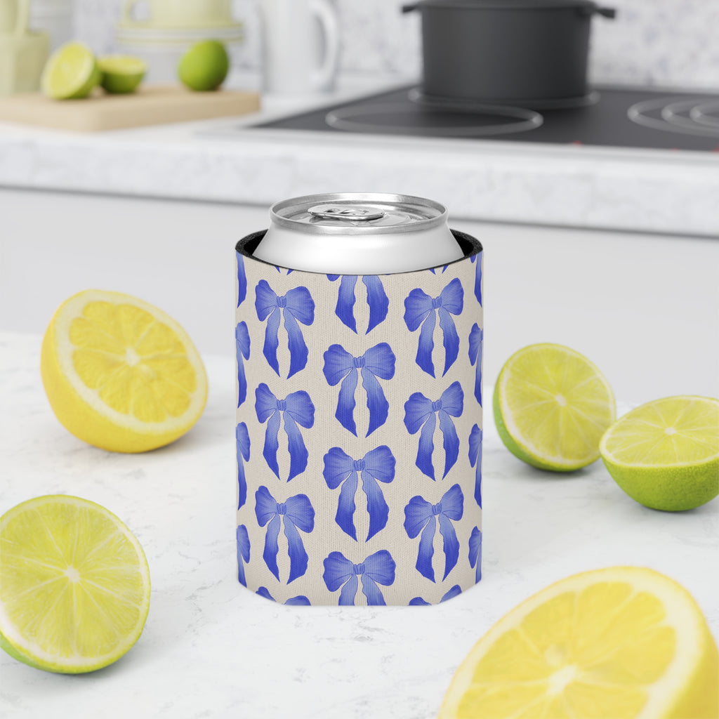 Can Cooler — Blue Watercolor Bow Pattern Drink Insulator