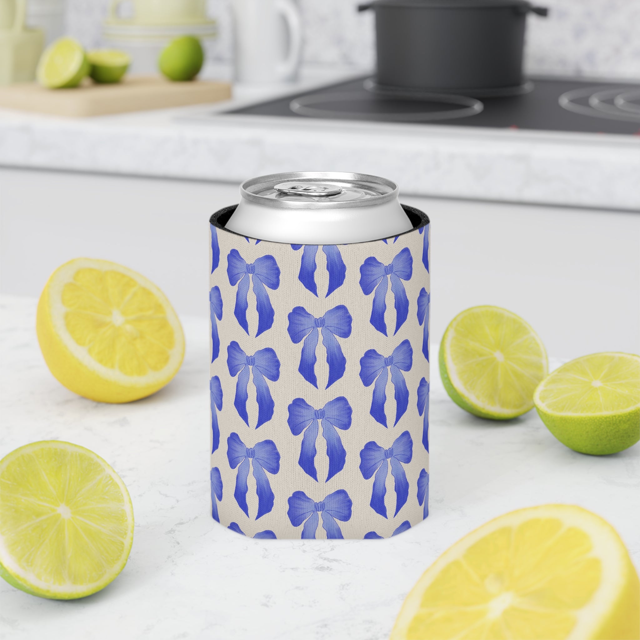 Can Cooler — Blue Watercolor Bow Pattern Drink Insulator