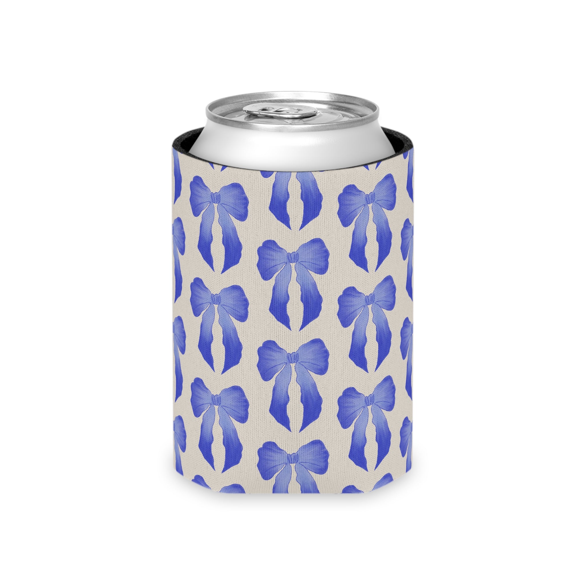 Can Cooler — Blue Watercolor Bow Pattern Drink Insulator