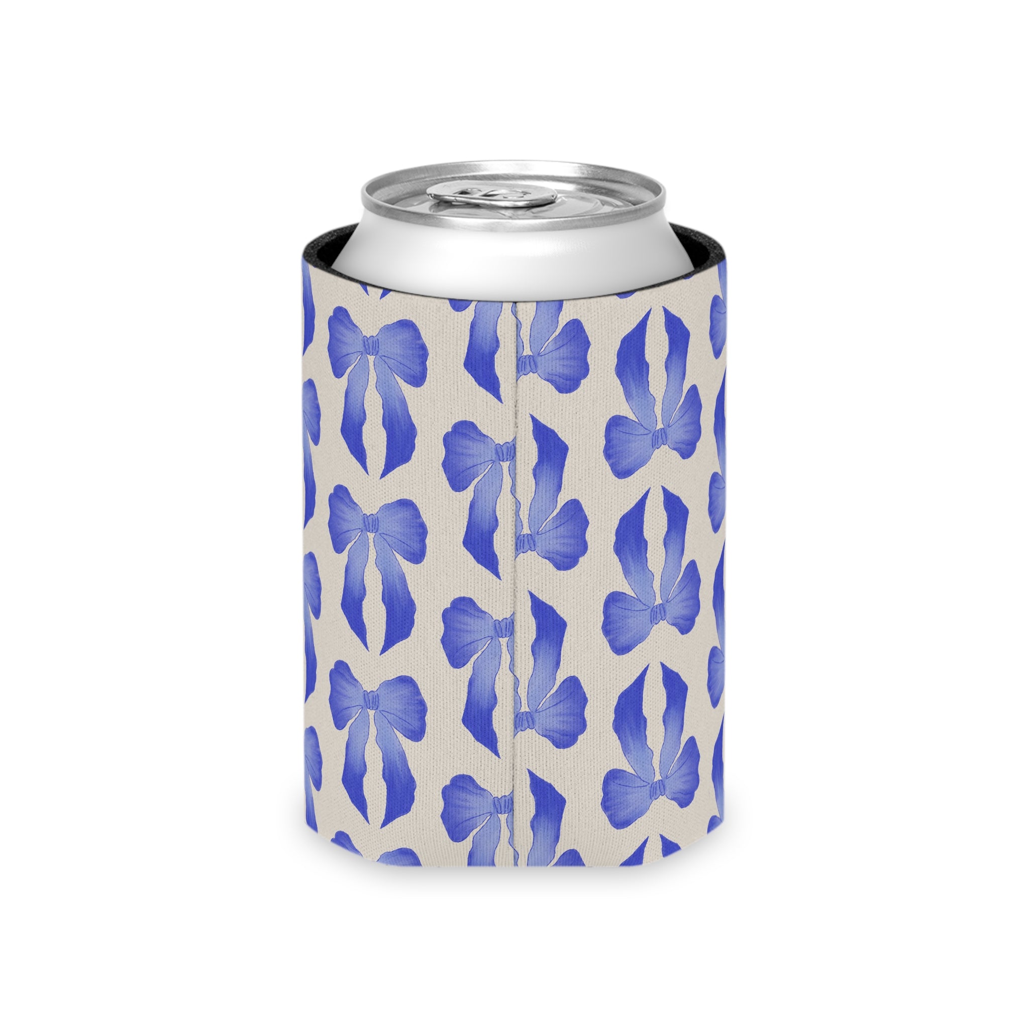 Can Cooler — Blue Watercolor Bow Pattern Drink Insulator