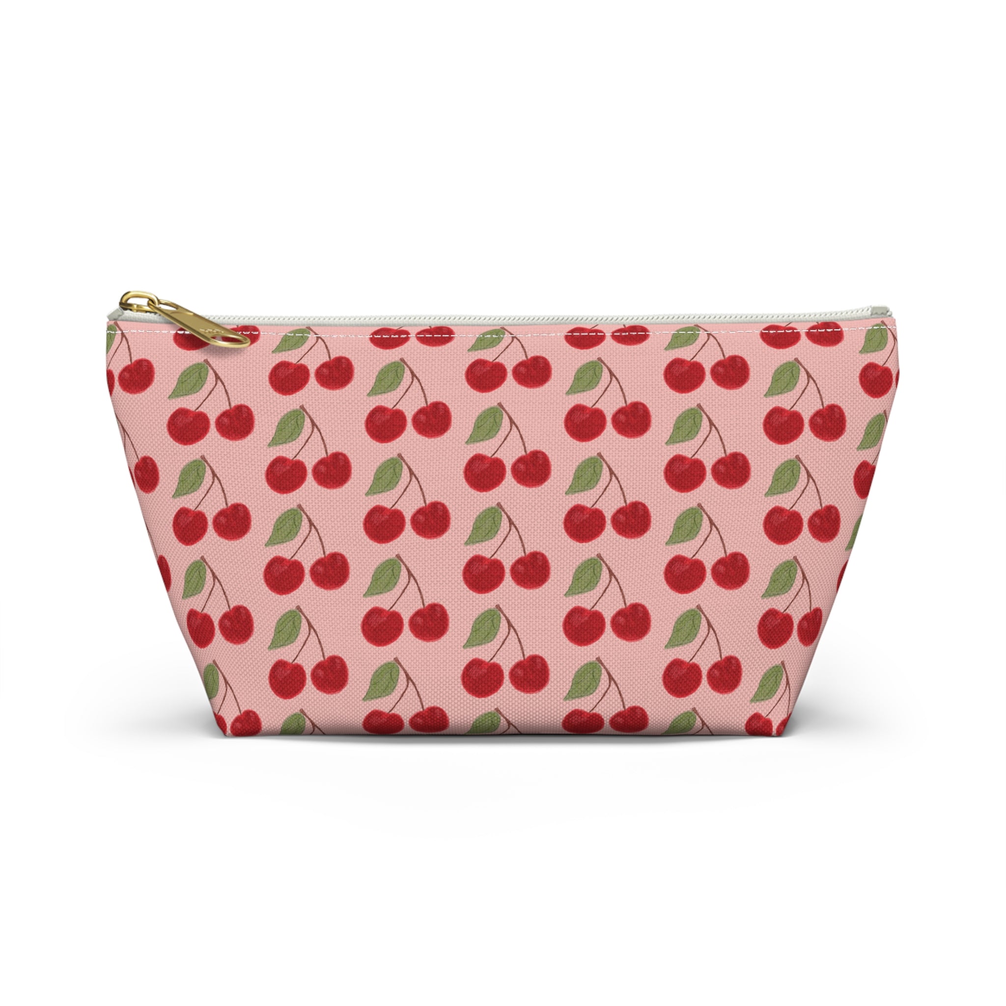 Cherry Pattern Accessory Pouch — Pink Cosmetic Bag with T-Bottom