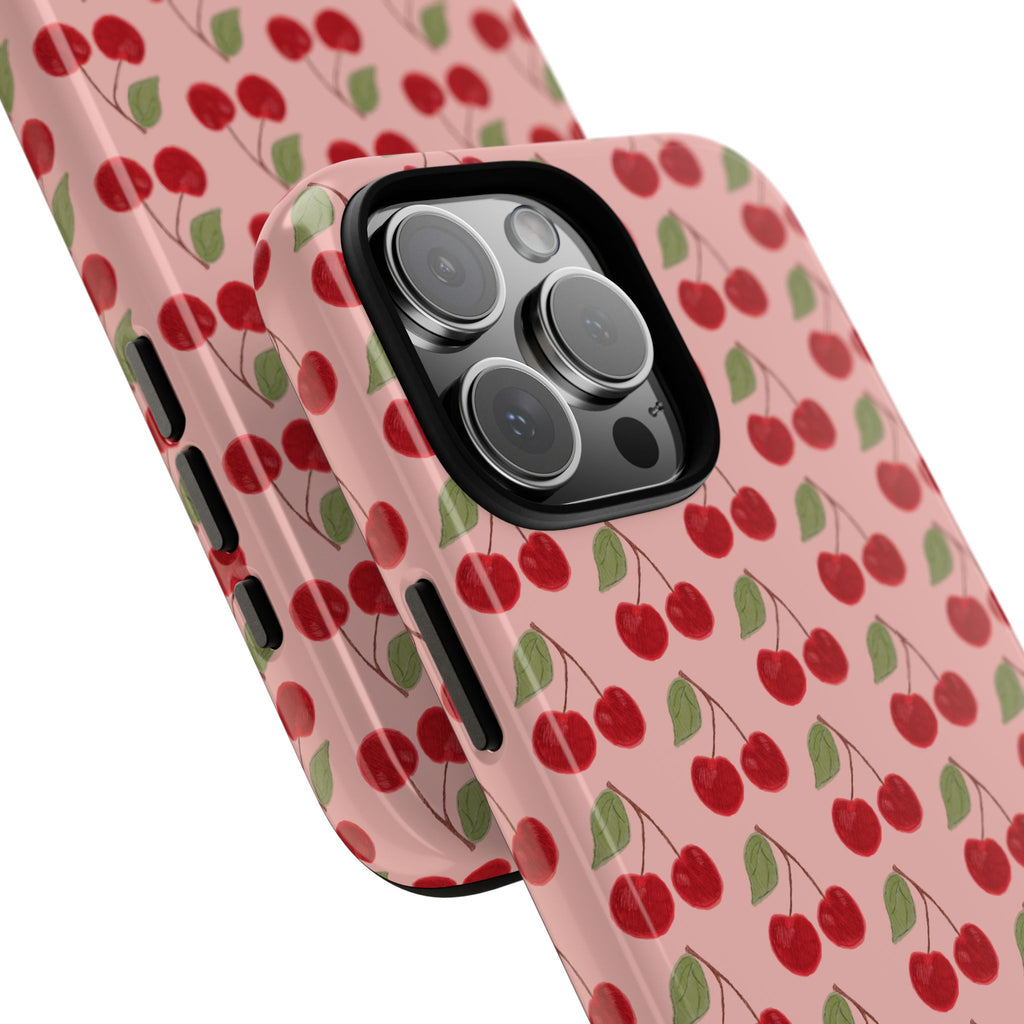Cherry Pattern Tough Phone Case — Cute Pink Retro Fruit Protective Cover