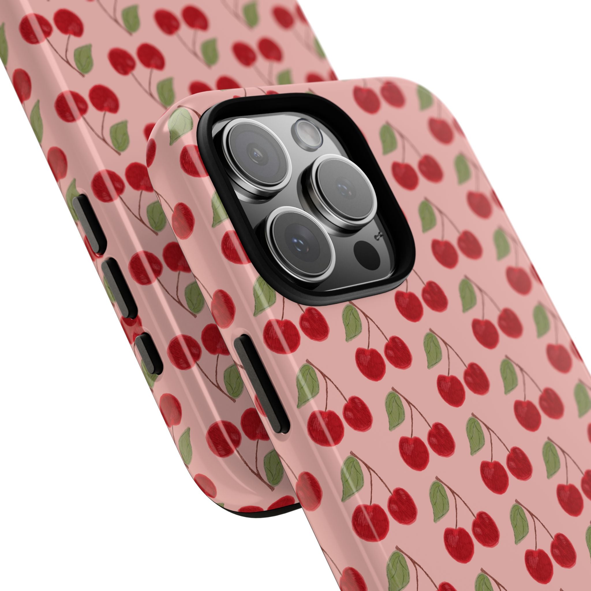 Cherry Pattern Tough Phone Case — Cute Pink Retro Fruit Protective Cover