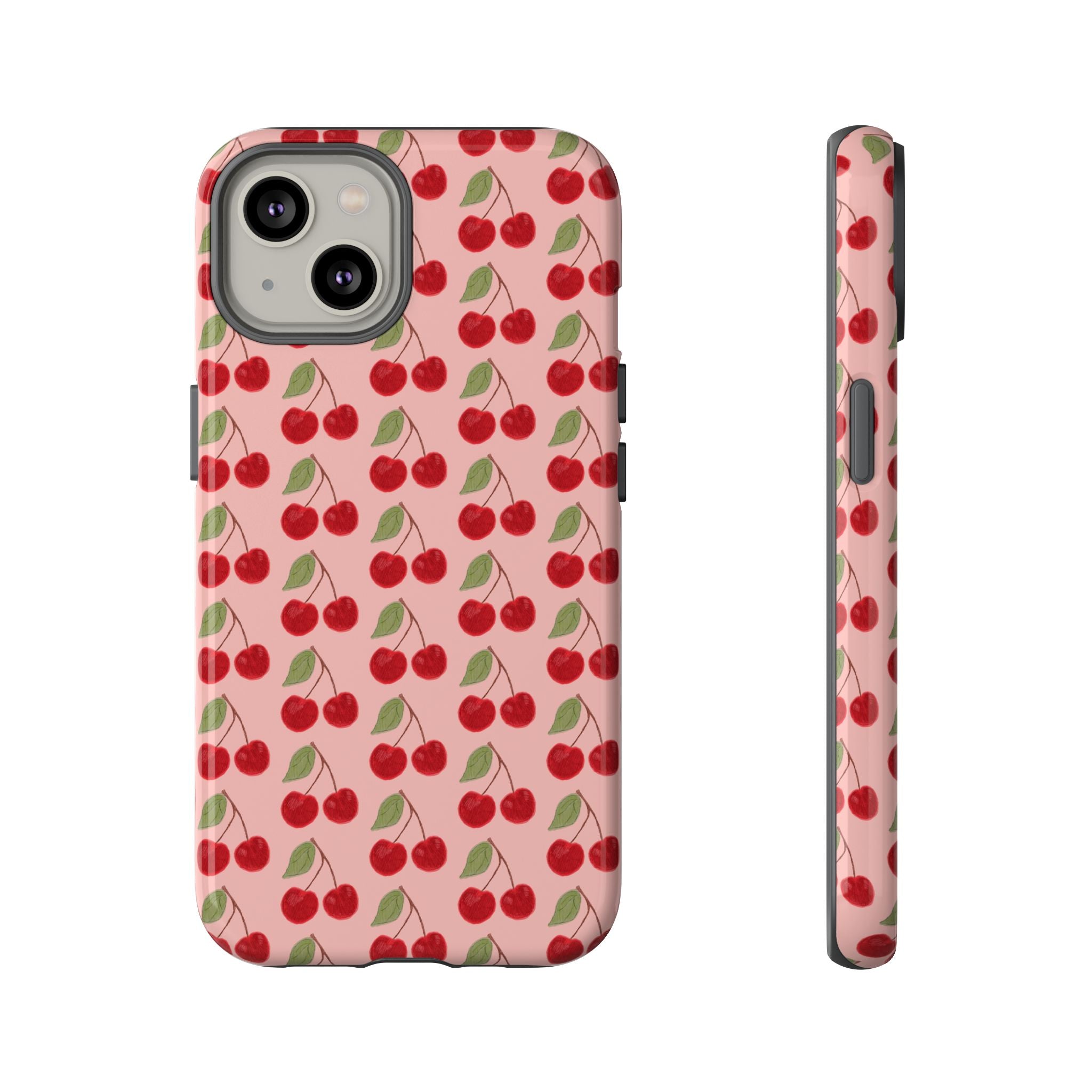 Cherry Pattern Tough Phone Case — Cute Pink Retro Fruit Protective Cover