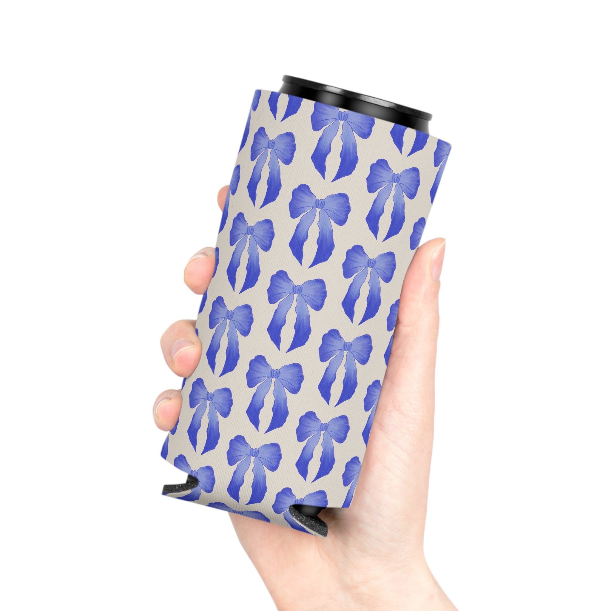 Can Cooler — Blue Watercolor Bow Pattern Drink Insulator