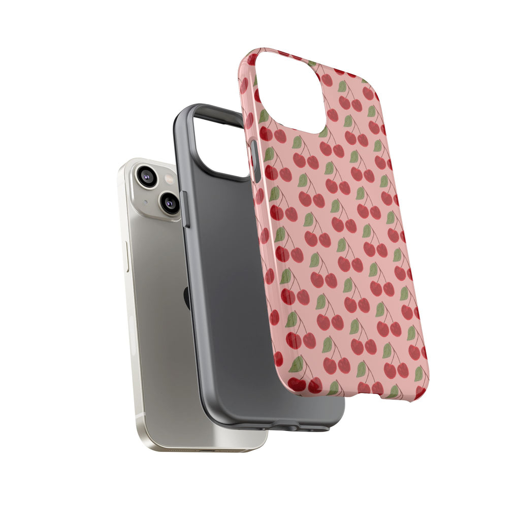 Cherry Pattern Tough Phone Case — Cute Pink Retro Fruit Protective Cover