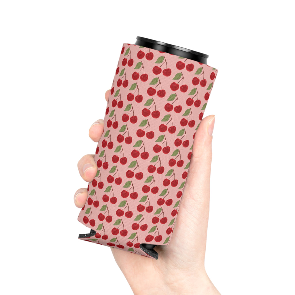 Cherry Pattern Can Cooler — Retro Pink Cherry Drink Koozie