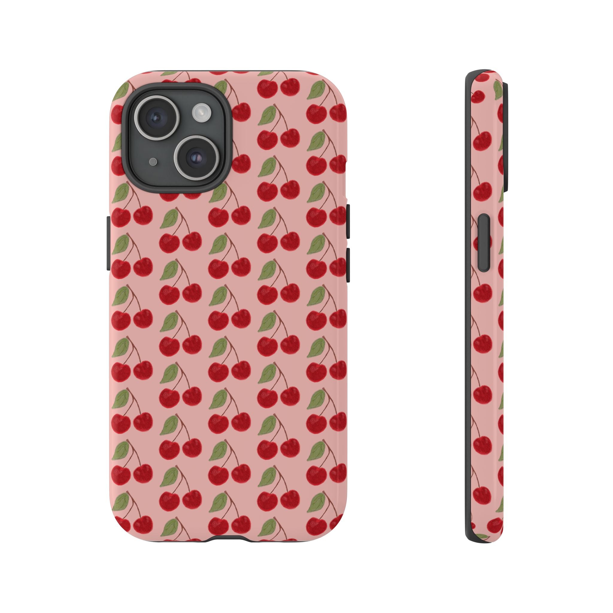 Cherry Pattern Tough Phone Case — Cute Pink Retro Fruit Protective Cover