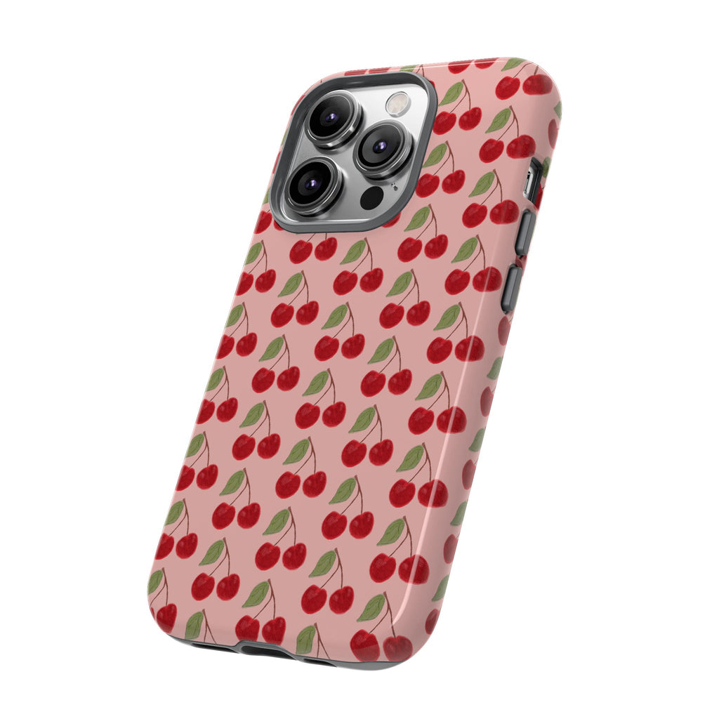 Cherry Pattern Tough Phone Case — Cute Pink Retro Fruit Protective Cover