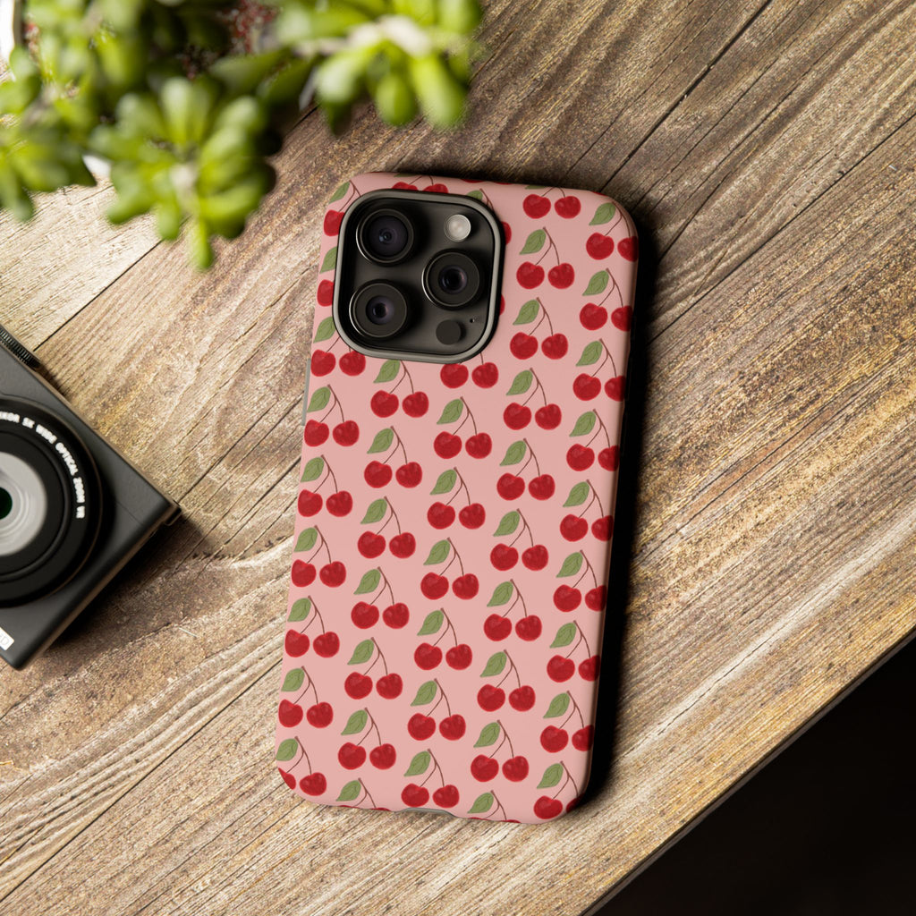 Cherry Pattern Tough Phone Case — Cute Pink Retro Fruit Protective Cover