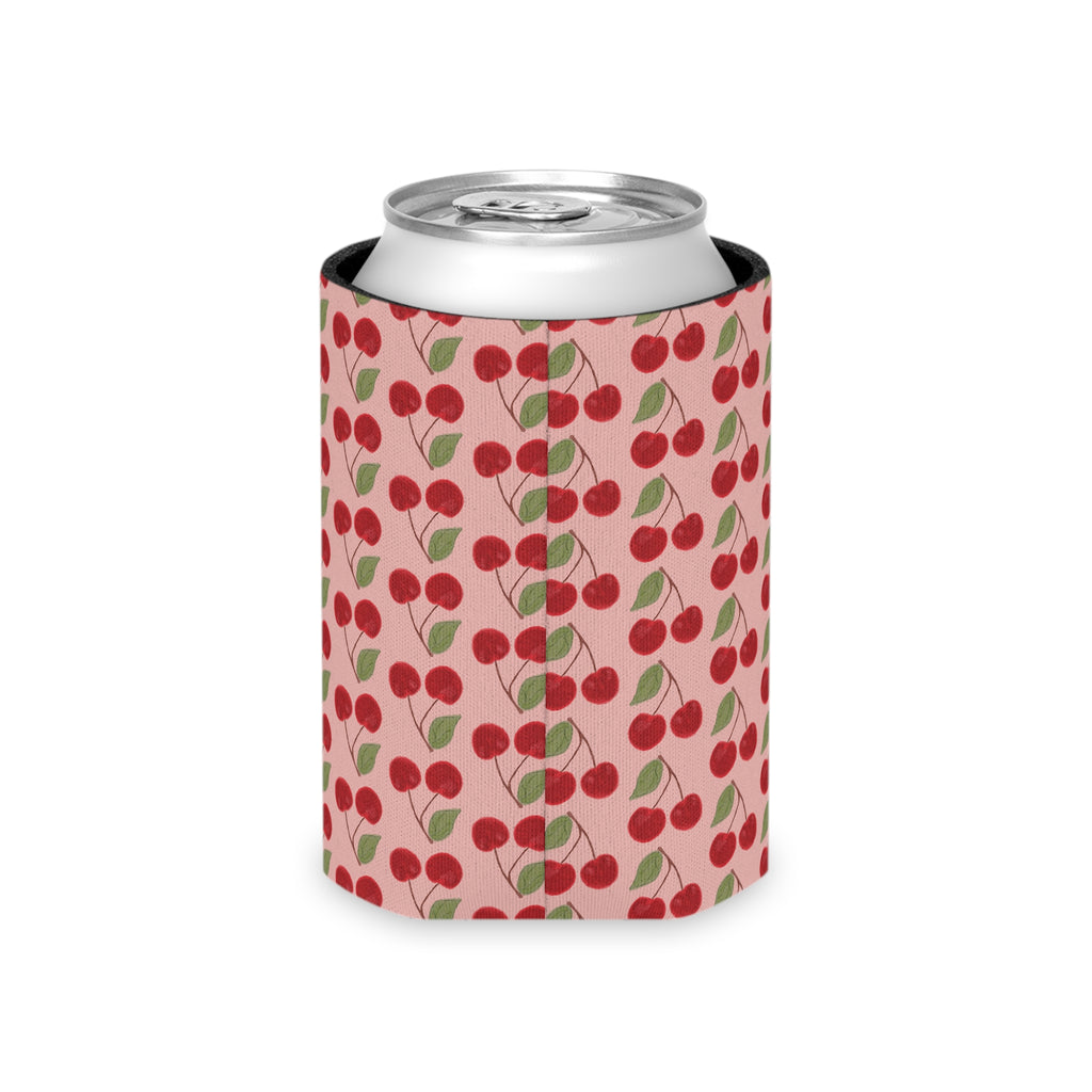 Cherry Pattern Can Cooler — Retro Pink Cherry Drink Koozie