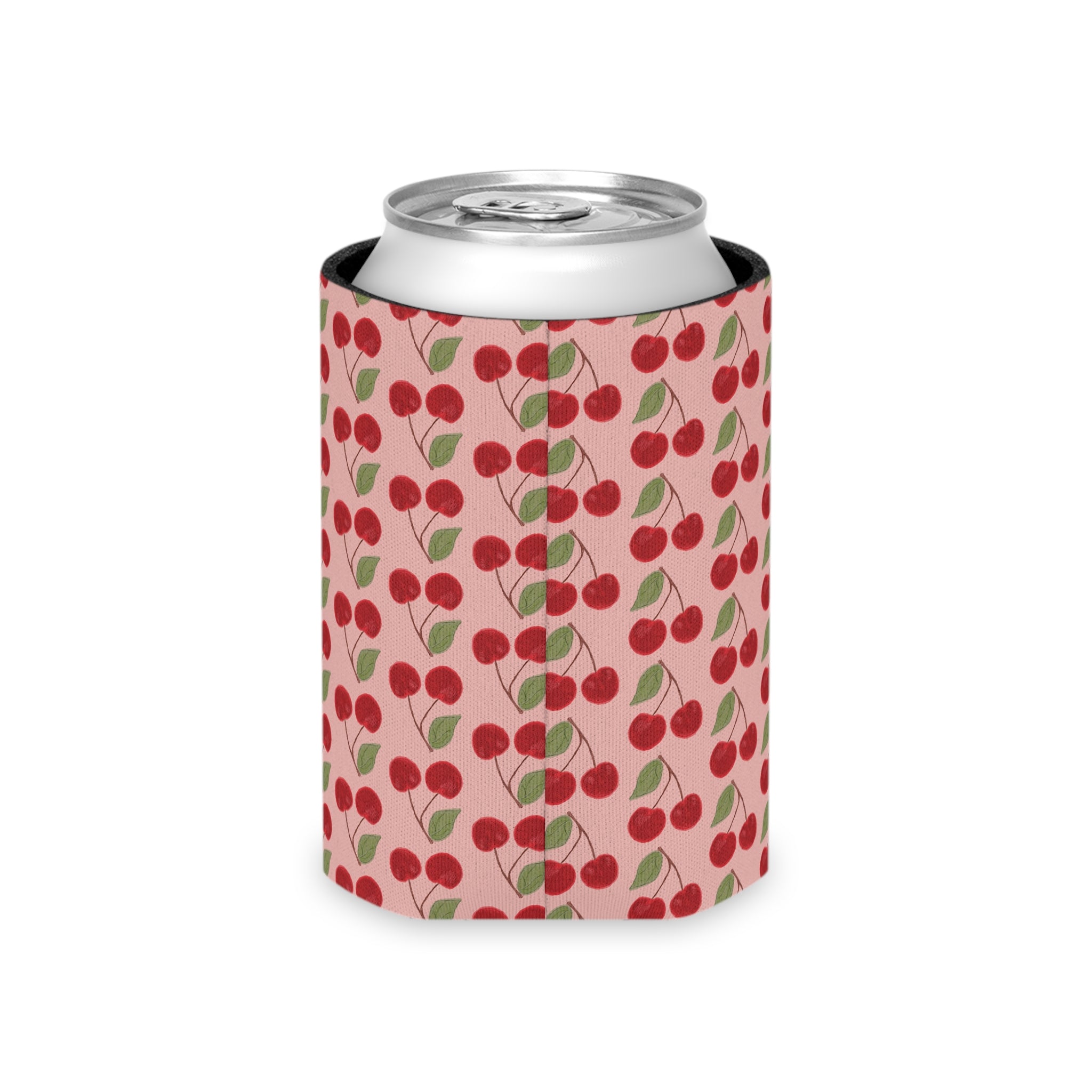 Cherry Pattern Can Cooler — Retro Pink Cherry Drink Koozie