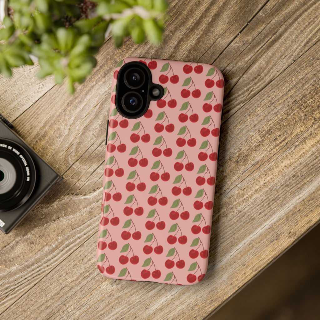 Cherry Pattern Tough Phone Case — Cute Pink Retro Fruit Protective Cover