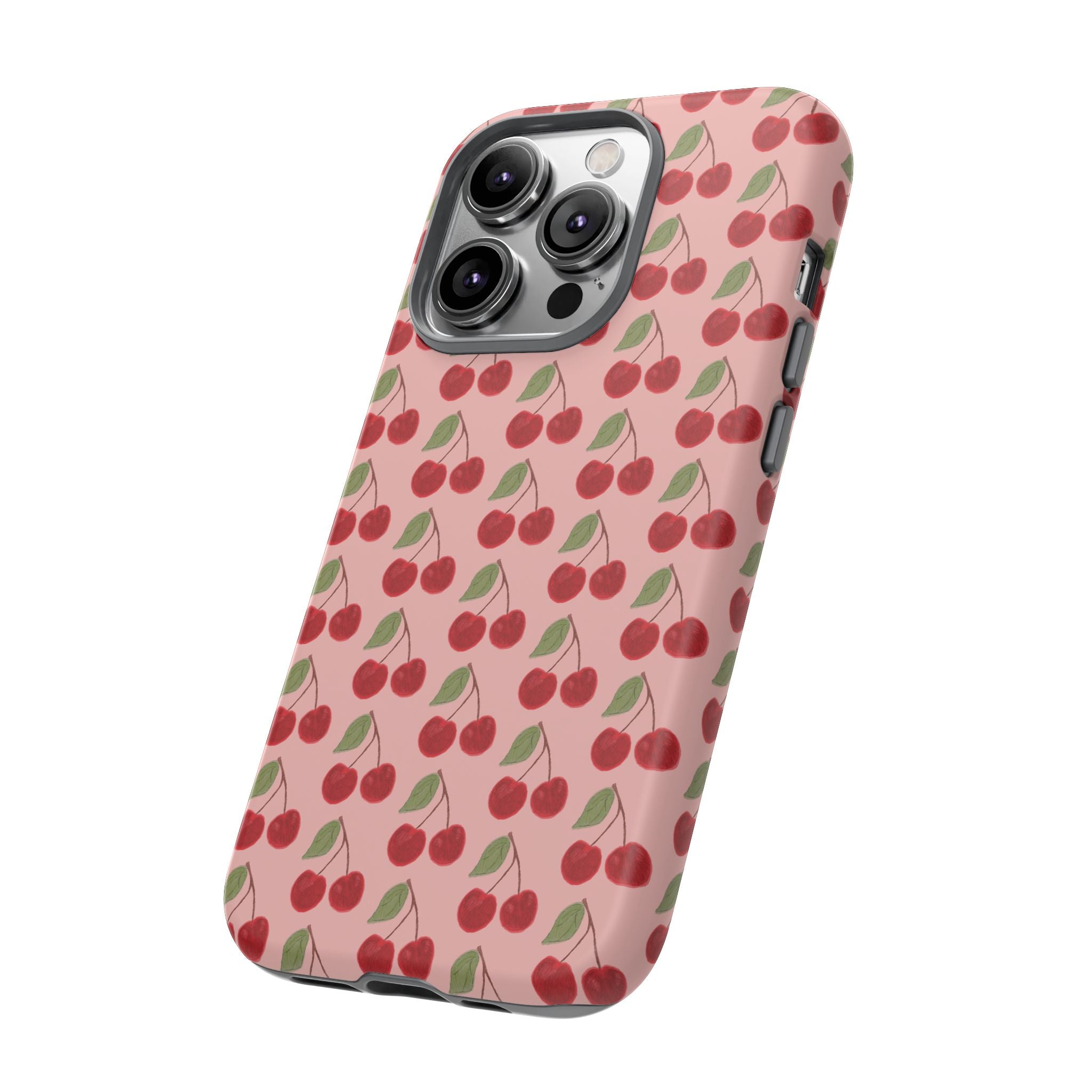 Cherry Pattern Tough Phone Case — Cute Pink Retro Fruit Protective Cover