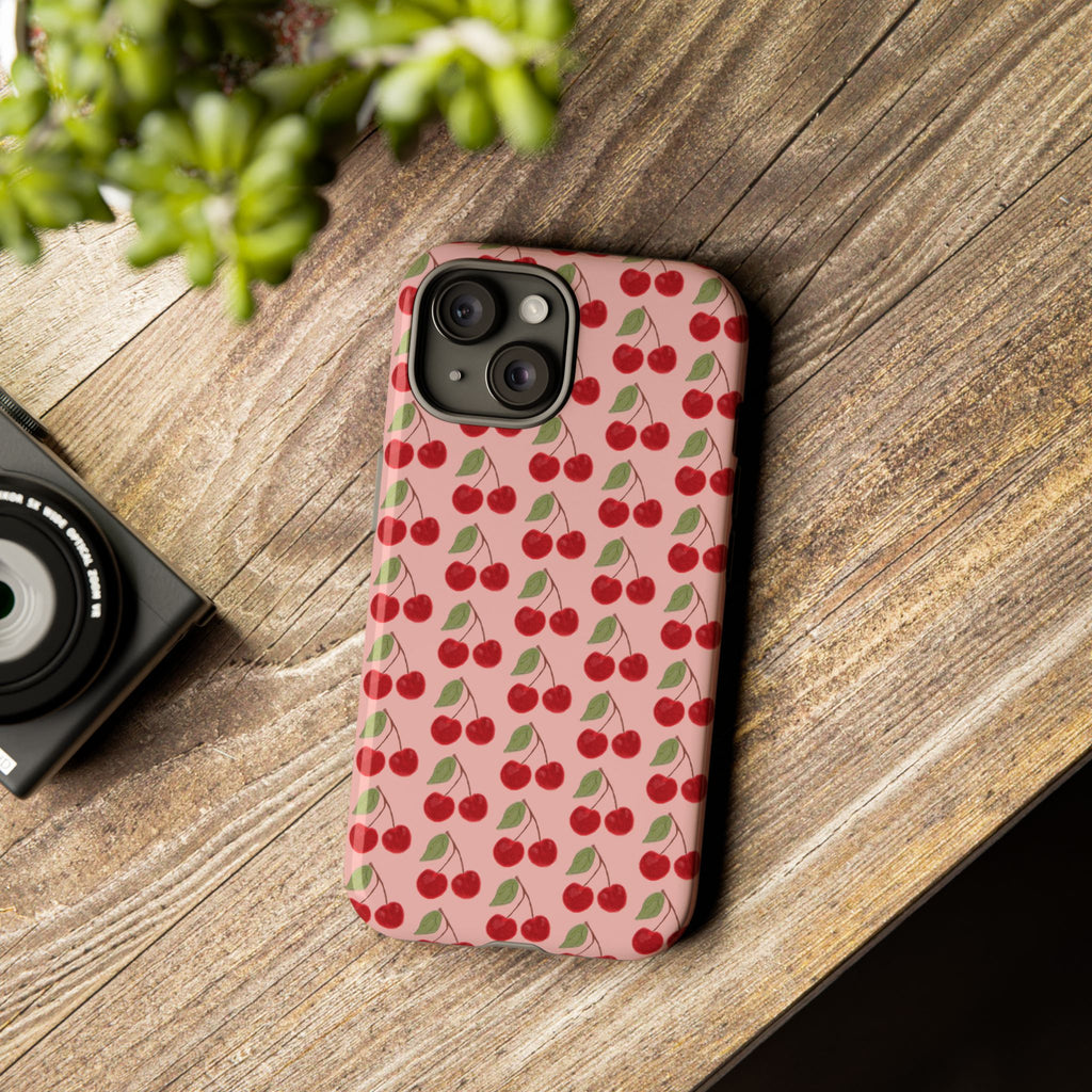 Cherry Pattern Tough Phone Case — Cute Pink Retro Fruit Protective Cover