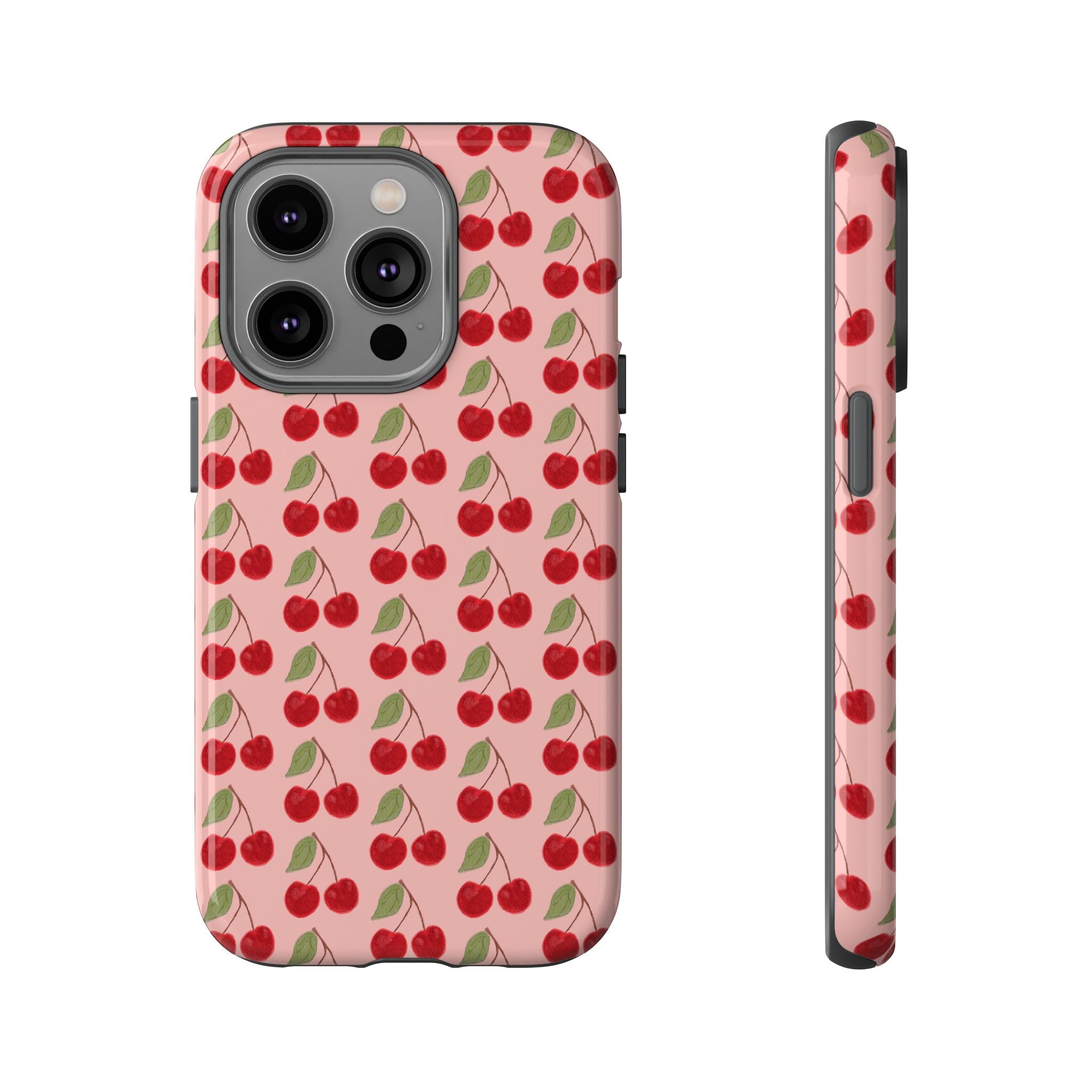 Cherry Pattern Tough Phone Case — Cute Pink Retro Fruit Protective Cover