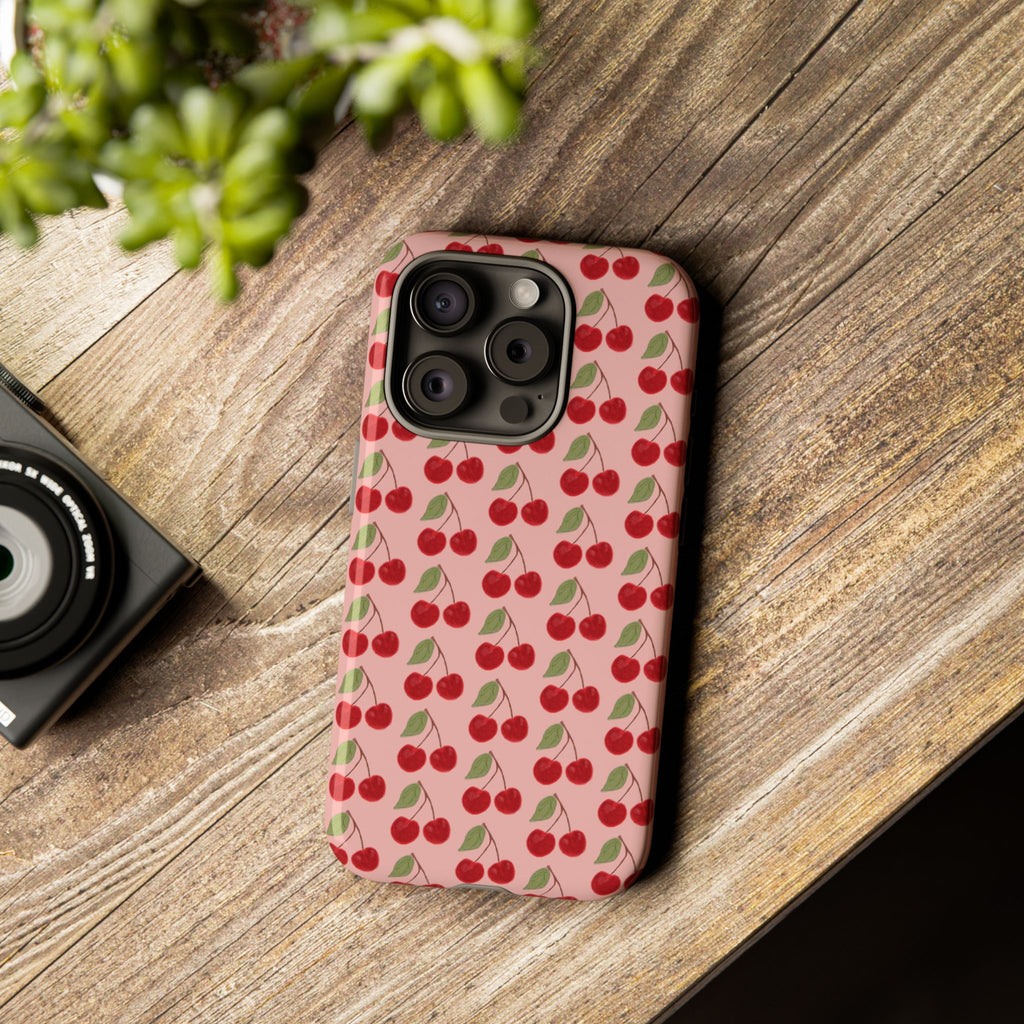Cherry Pattern Tough Phone Case — Cute Pink Retro Fruit Protective Cover
