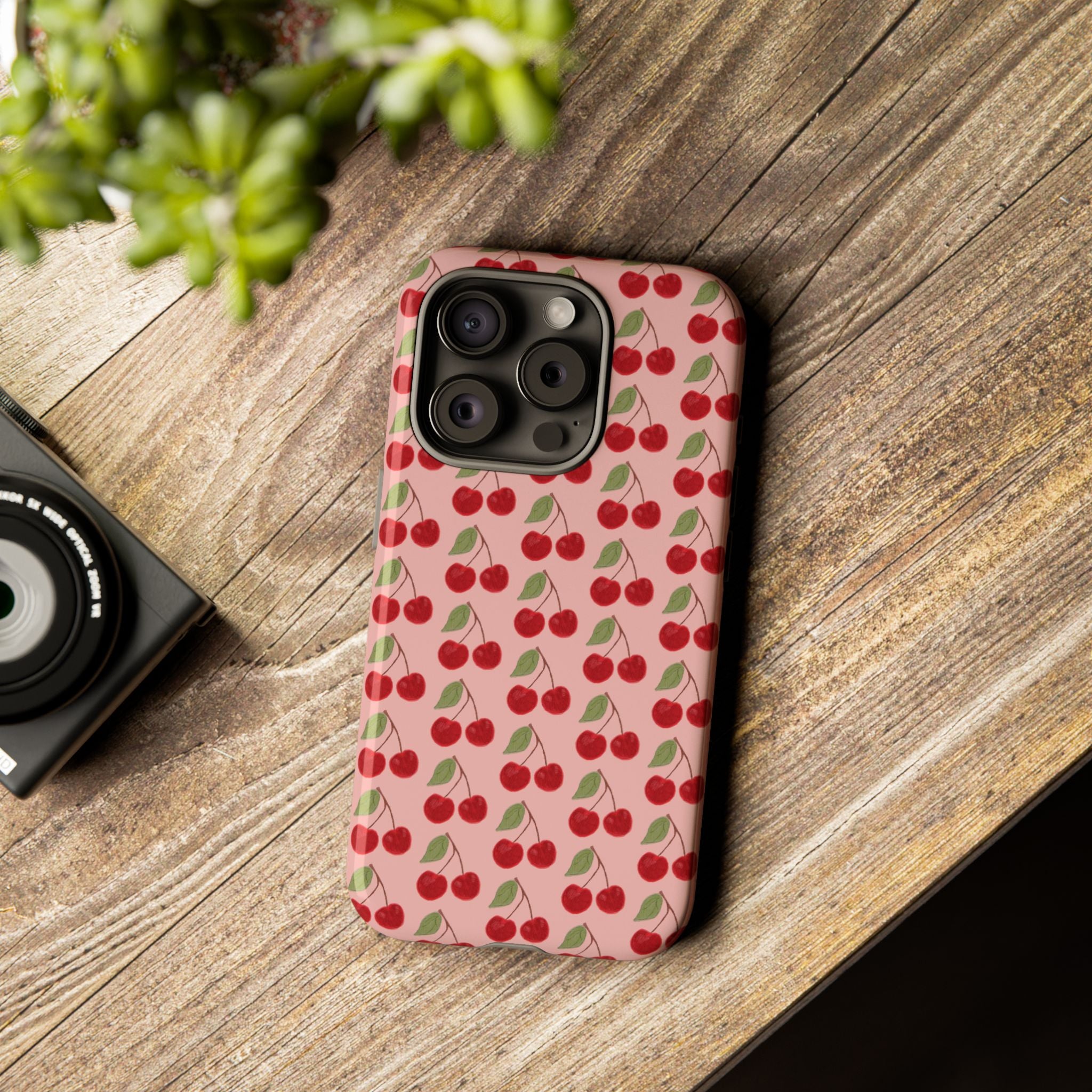 Cherry Pattern Tough Phone Case — Cute Pink Retro Fruit Protective Cover