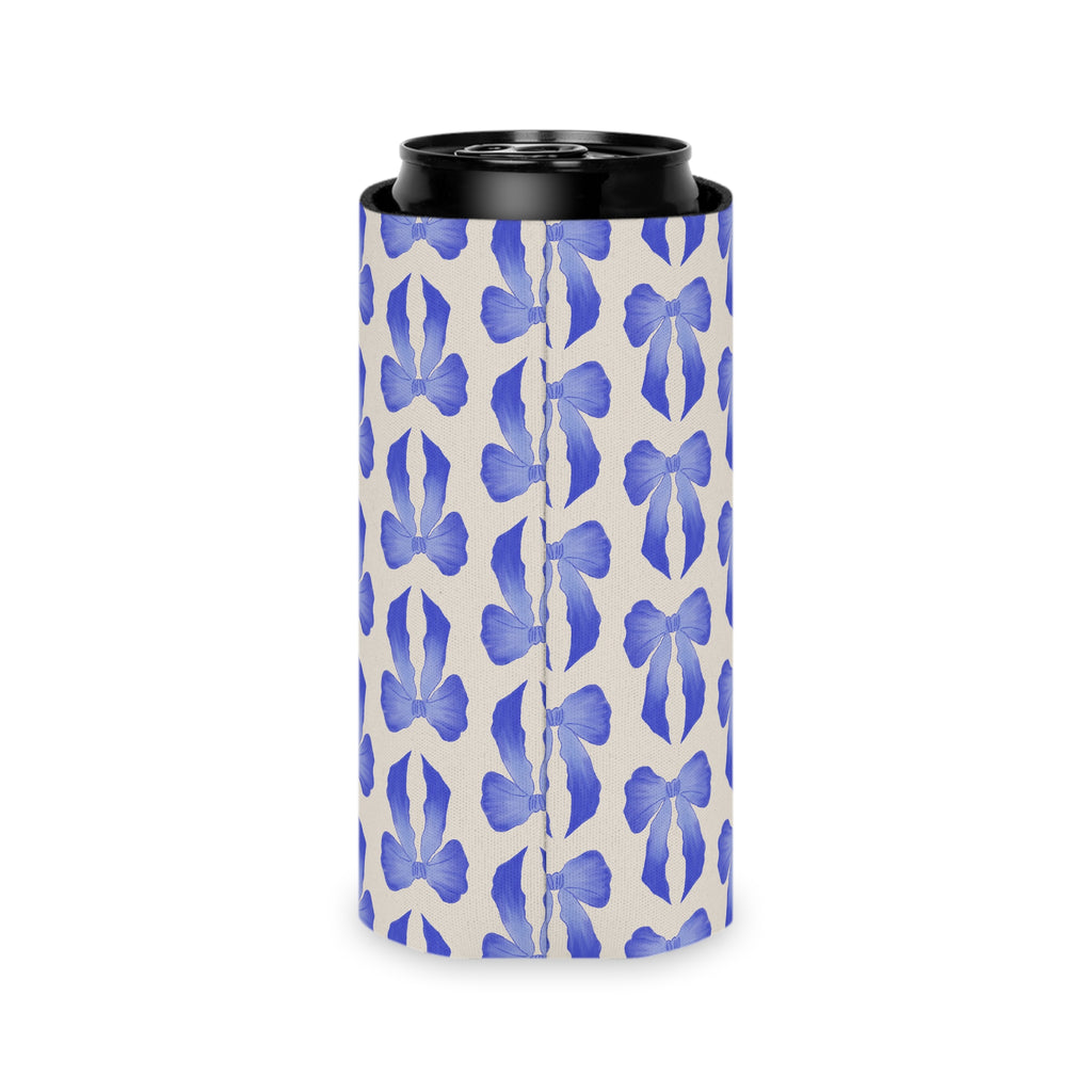Can Cooler — Blue Watercolor Bow Pattern Drink Insulator