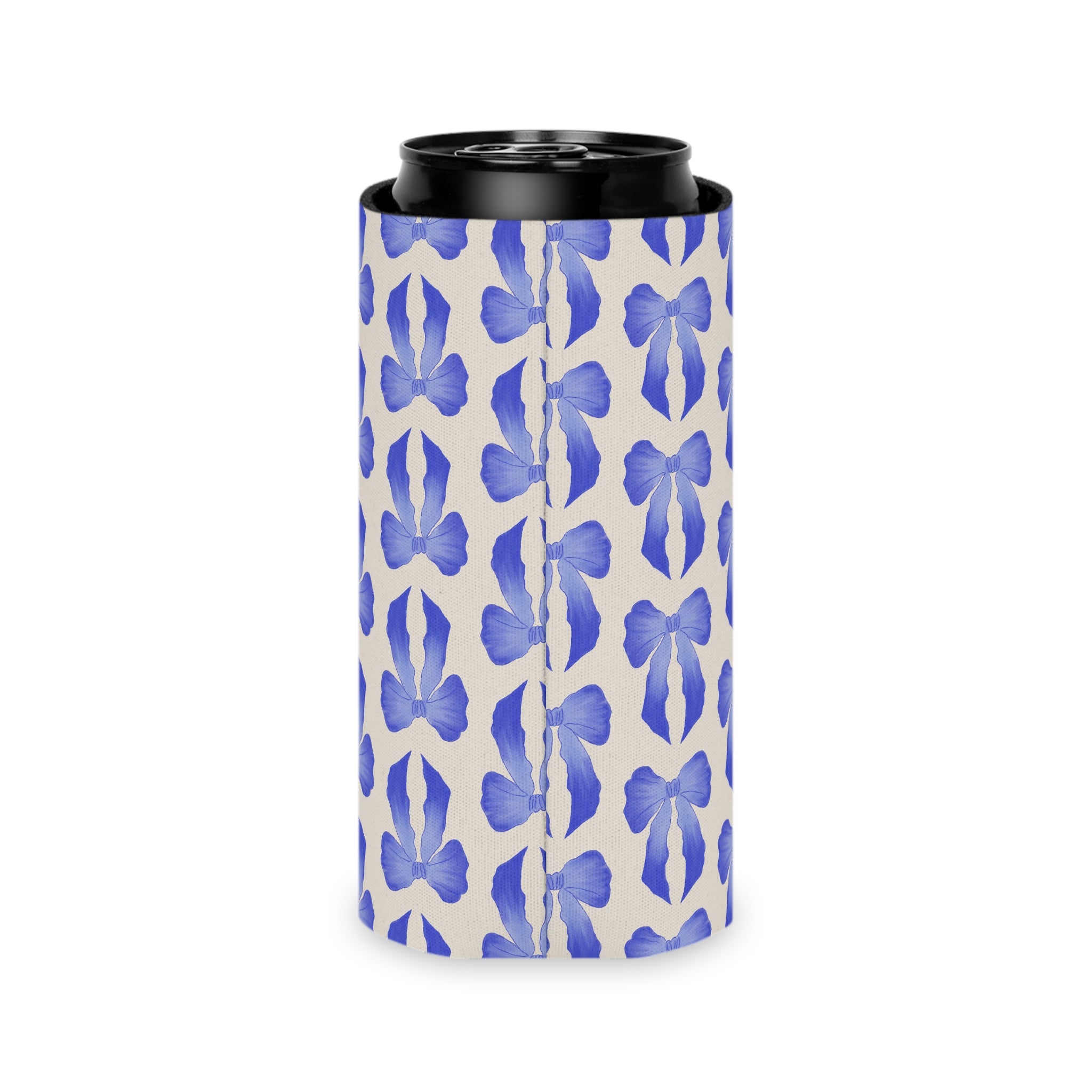Can Cooler — Blue Watercolor Bow Pattern Drink Insulator