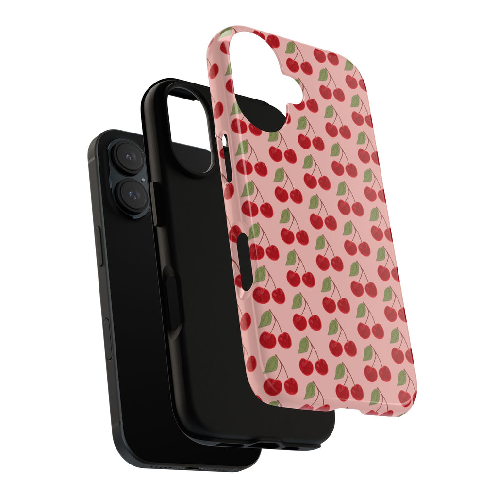 Cherry Pattern Tough Phone Case — Cute Pink Retro Fruit Protective Cover